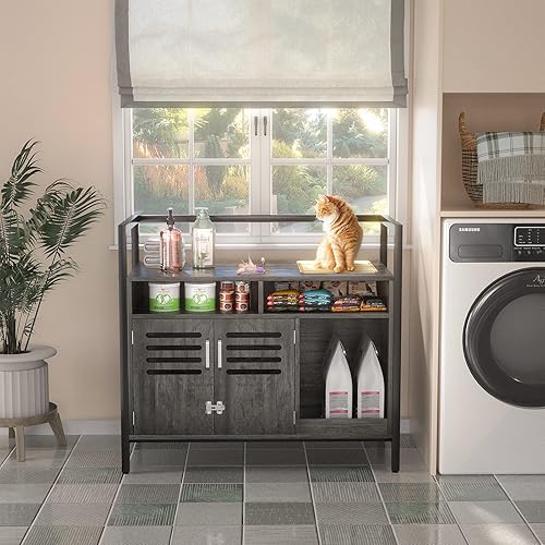 Miniatura 4 de Homieasy Caja de arena caja de arena para gatos muebles ocultos armario de baño para gatos con puerta con listones bloqueables y almohadilla para