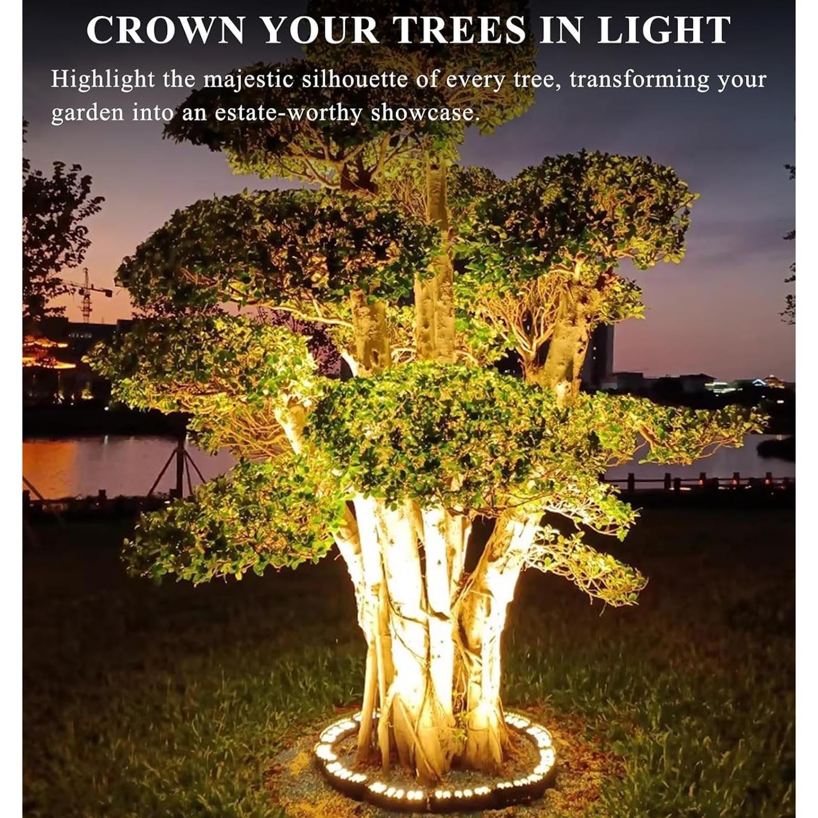 Faretto LED Circolare per Alberi – Illuminazione LED dal Basso per Palme, Luce Decorativa da Esterno 220V, Faretto Impermeabile IP65 in Alluminio Pressofuso(Warm Light,4-Head-48W)