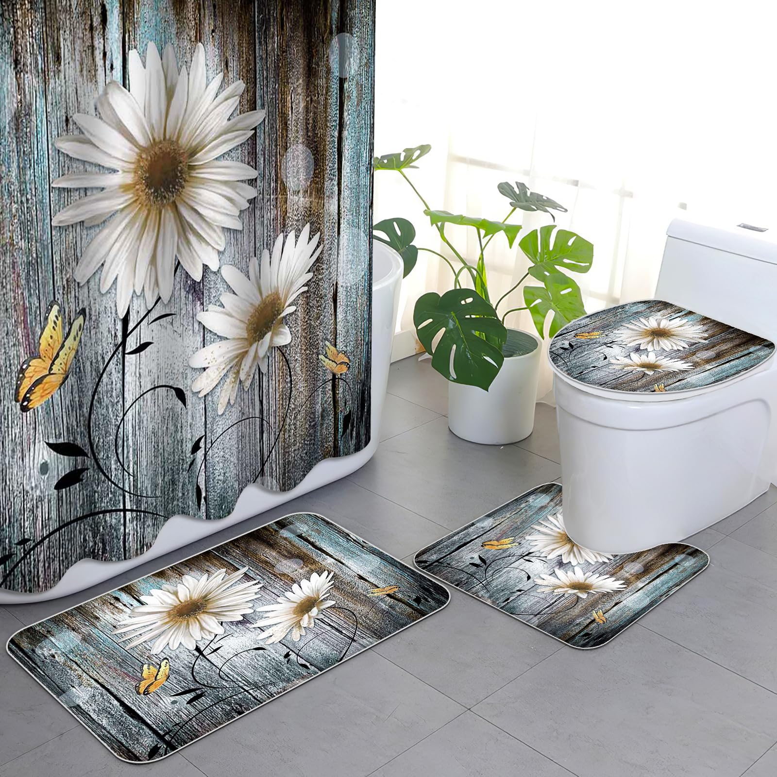 APROPHIC Juego de 4 cortinas de ducha con diseño de margaritas blancas y retro, juego de baño con cortina de ducha y alfombra, alfombrilla para tapa de inodoro y almohadilla en forma de U, lavable con