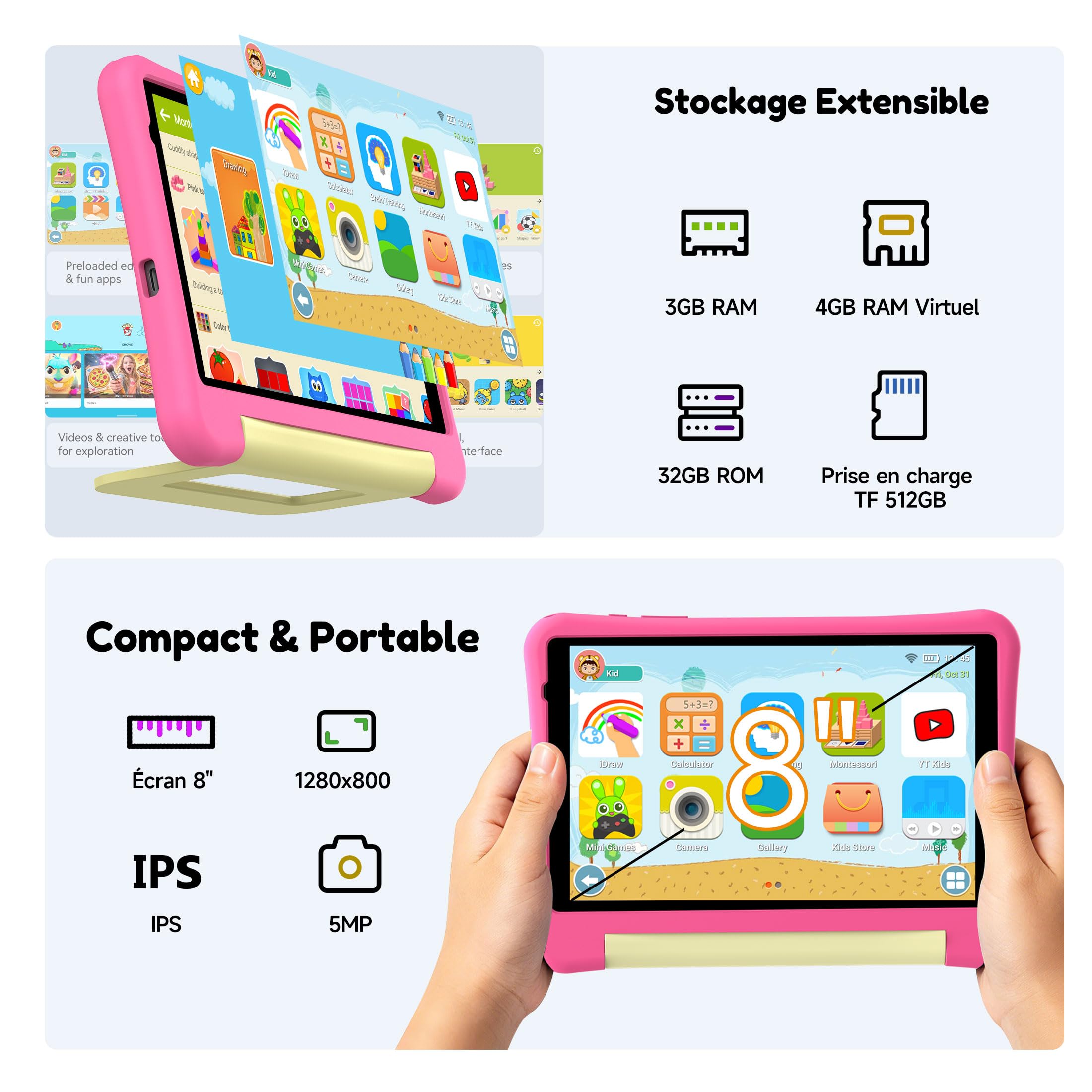 Tablette Enfants 8 Pouces,Avec Contrôle Parental et Coque Antichocs Rose | Tablette Android 15 Éducative pour Enfant de 3 à 12 ans,Avec “iWAWA",5000mAh,32GB ROM,512GB TF,Compatible YouTube Kids