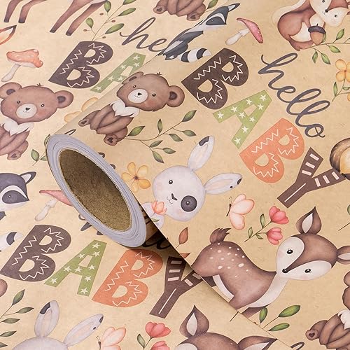 Miniatura 18 de WRAPAHOLIC Rollo de papel kraft para envolver regalos de baby shower - Rollo mini - 17 pulgadas x 16.5 pies - Papel de regalo con animales del