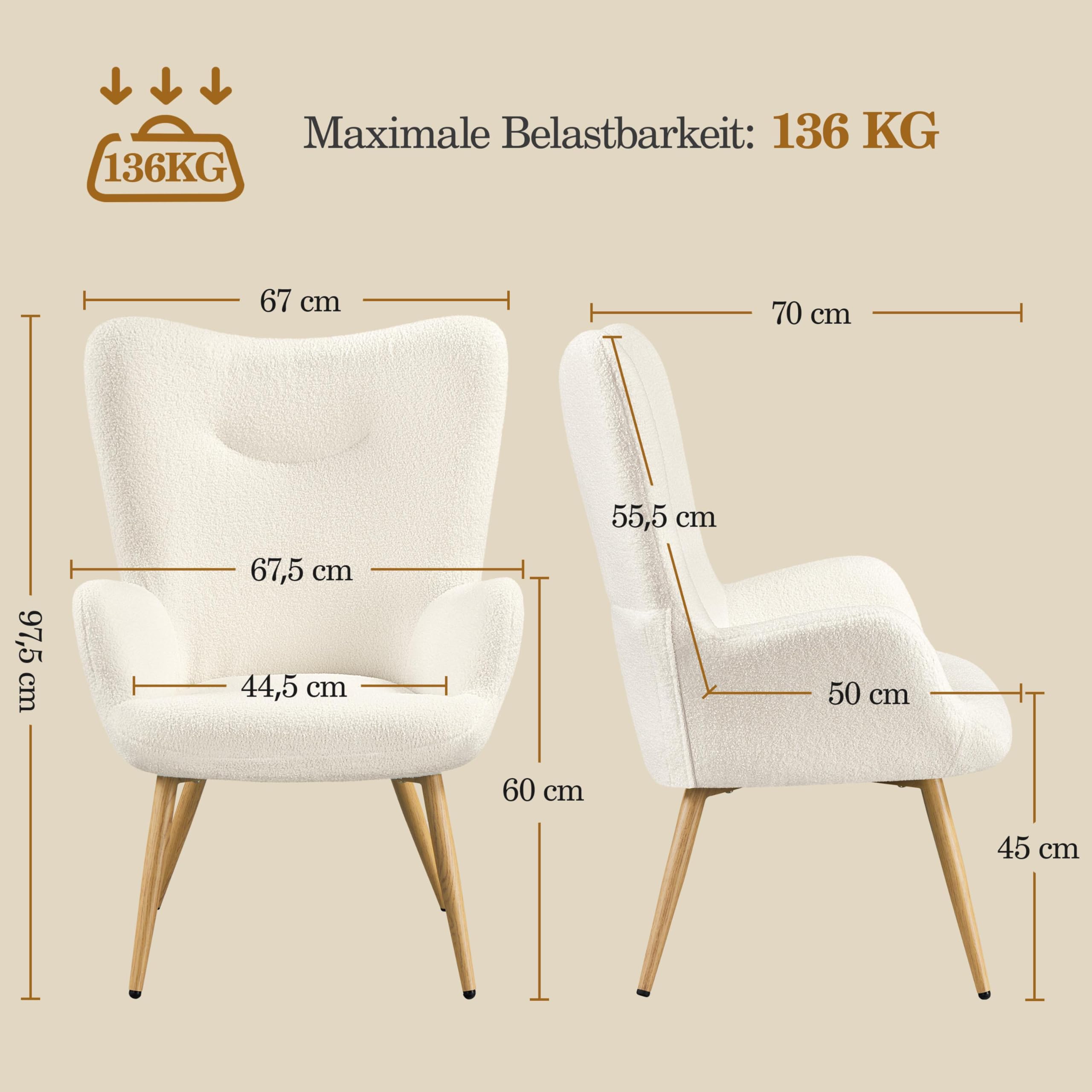 Yaheetech Ohrensessel eleganter Armsessel Polsterstuhl mit klappbare Rückenlehne Lehnsessel bis 136 kg belastbar Sessel fürs Wohnzimmer/Schlafzimmer Elfenbein