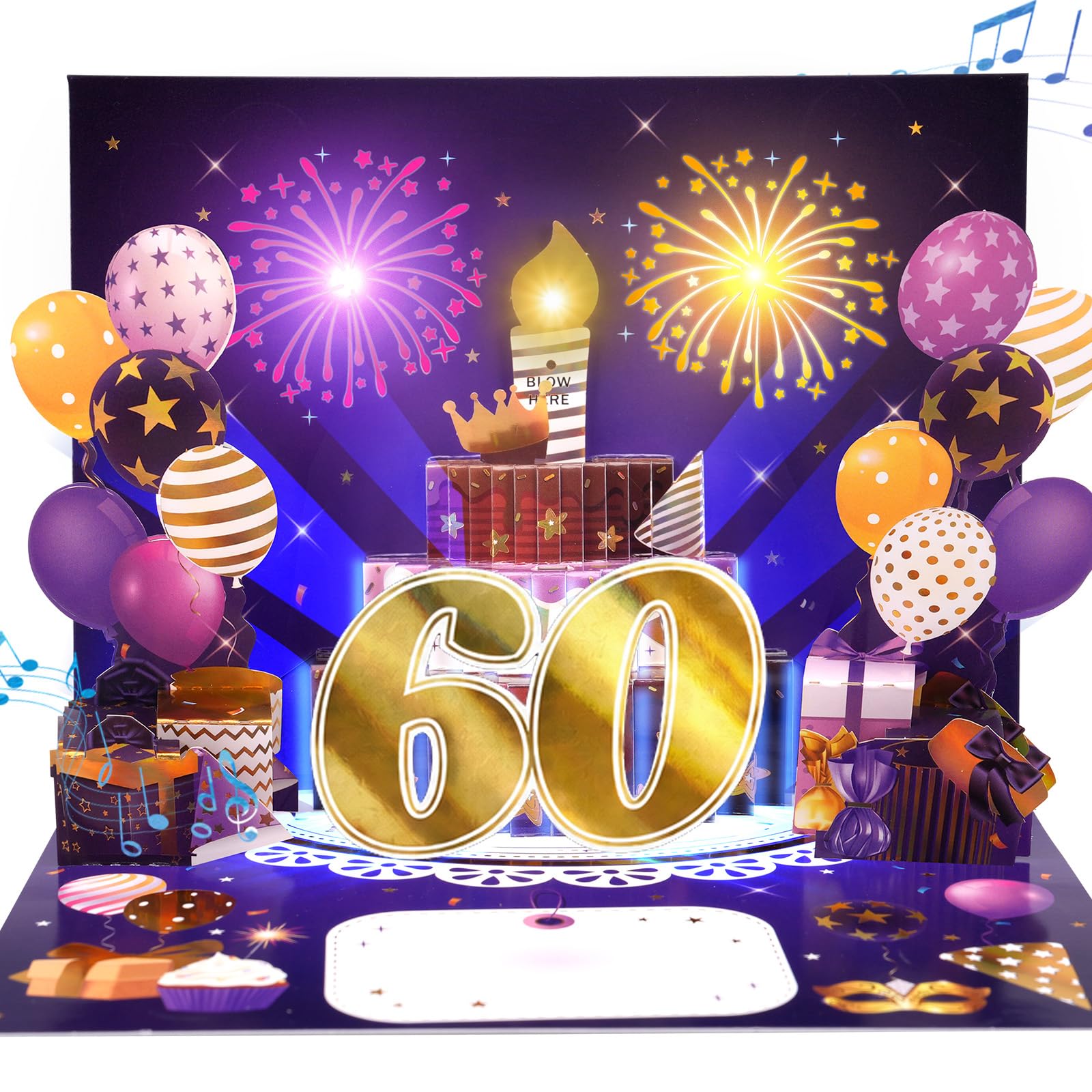60th Musical Birthday Card, 3D Light-up Birthday Card for 60th Women, Men | Pop Up Cake Happy Birthday Card w Firework Lights & Blowable Candle for 60 year-old Mum, Dad, Wife, Husband, Sister