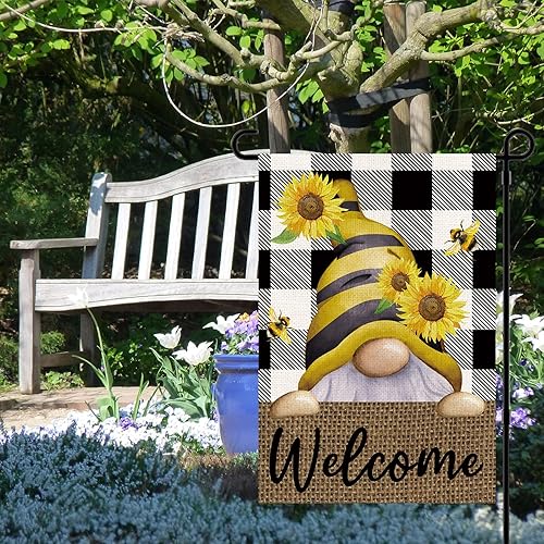 Miniatura 3 de Bandera de jardín de gnomo de verano de 12 x 18 pulgadas, doble cara para exteriores, diseño de búfalo de bienvenida, girasol, arpillera, bandera de
