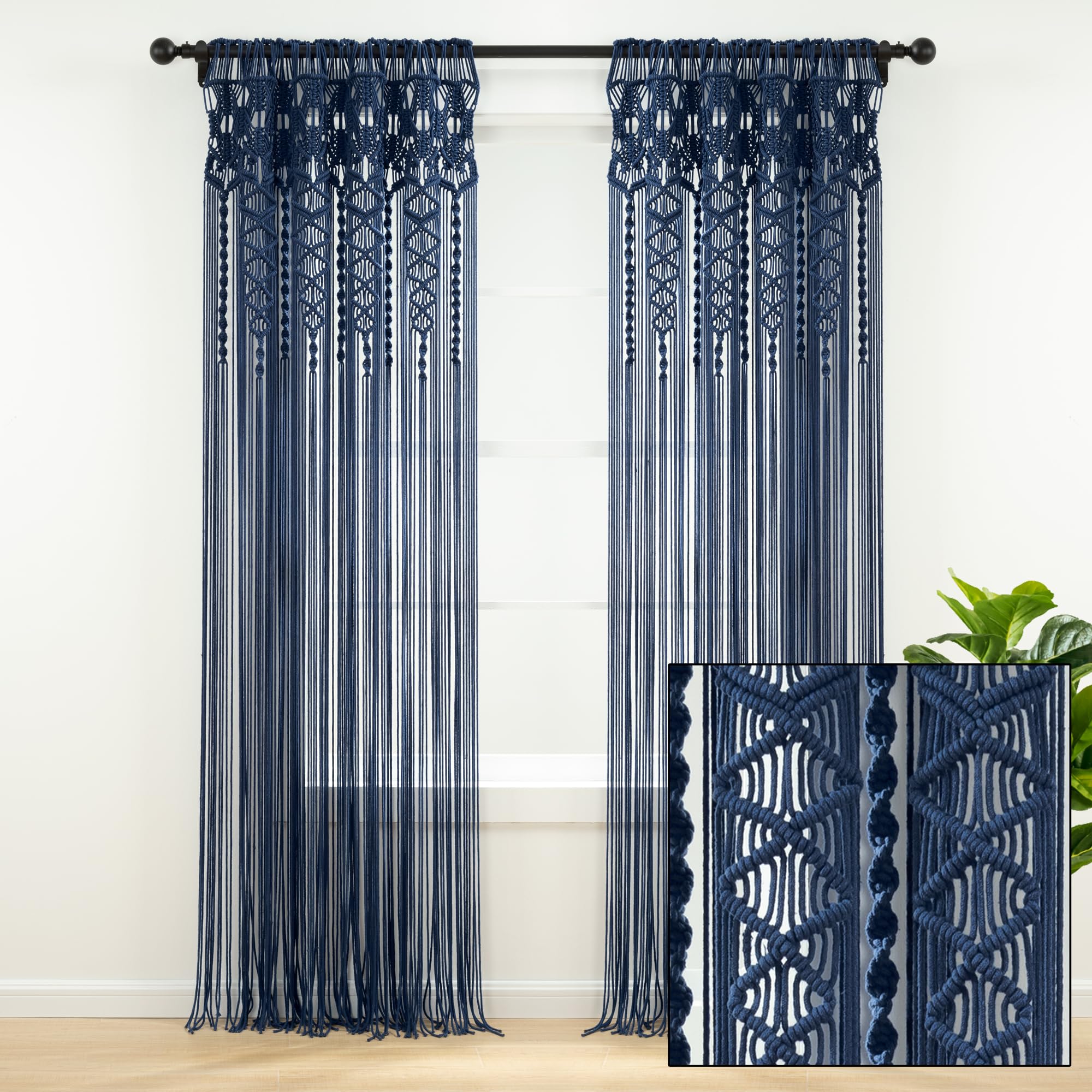 Lush Decor Panel De Cortina De Algodón Con Hojas De Macramé Bohemio Para Ventana, Individual De 40 Pulgadas De Ancho X 84 Pulgadas De Largo, Cortinas De Macramé Para Ventanas, Divisor