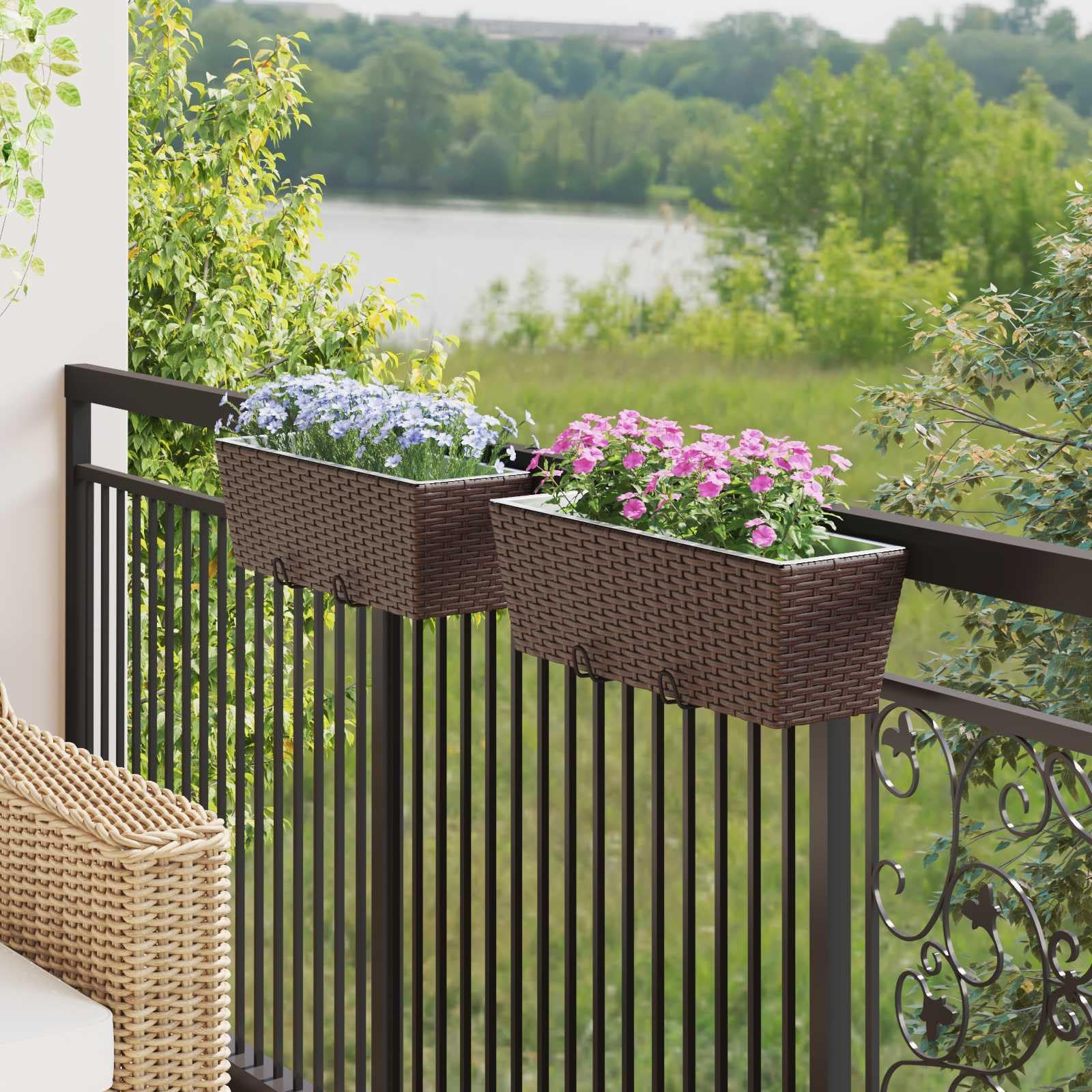 Metalowa donica balkonowa, 50 x 17 x 17 cm, z haczykami, o wyglądzie rattanu, doniczka na taras, do ogrodu, na balkon, odporna na promieniowanie UV, wszechstronne zastosowanie, dekoracyjna