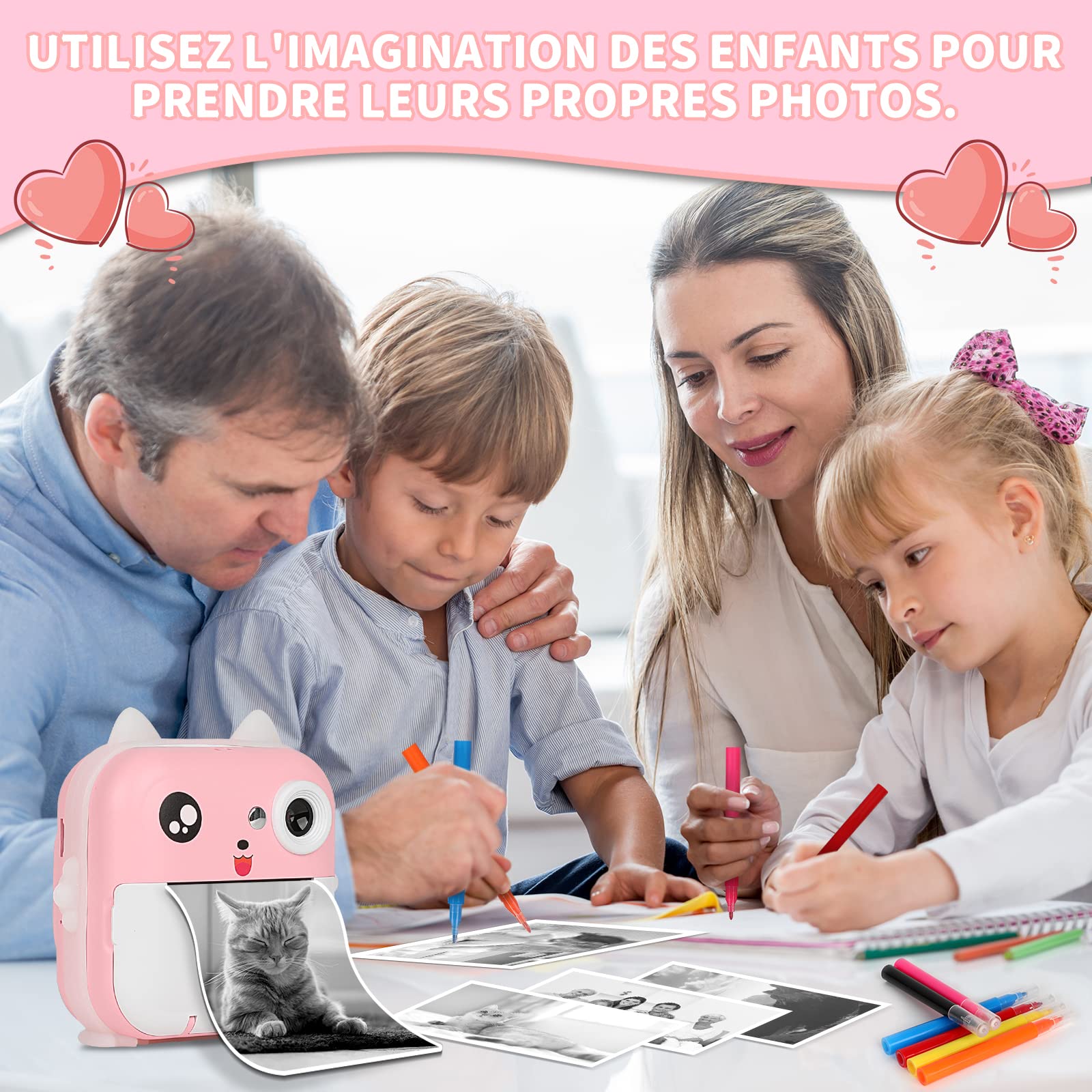 Appareil Photo Instantané Enfants,1080P HD Appareil Photo Numérique avec écran2.4 Pouces Caméra Enfants avec Stylos Colorés Papier d'impression