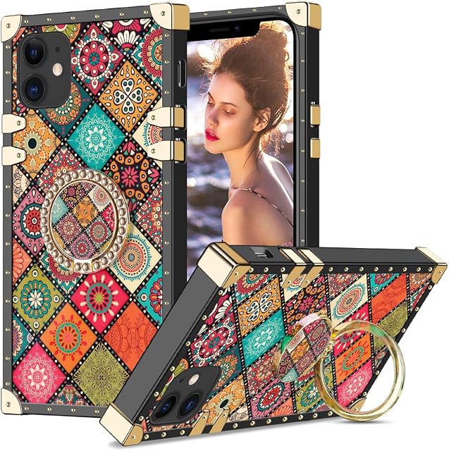 Coolden for iPhone 11 Case with Ring Kickstand Shockproof Case Square Case for Women Girls Elegant Metal Decoration Corner Back Soft TPU Protective Case Phone Case Cover for iPhone 11 (Sun Flower)