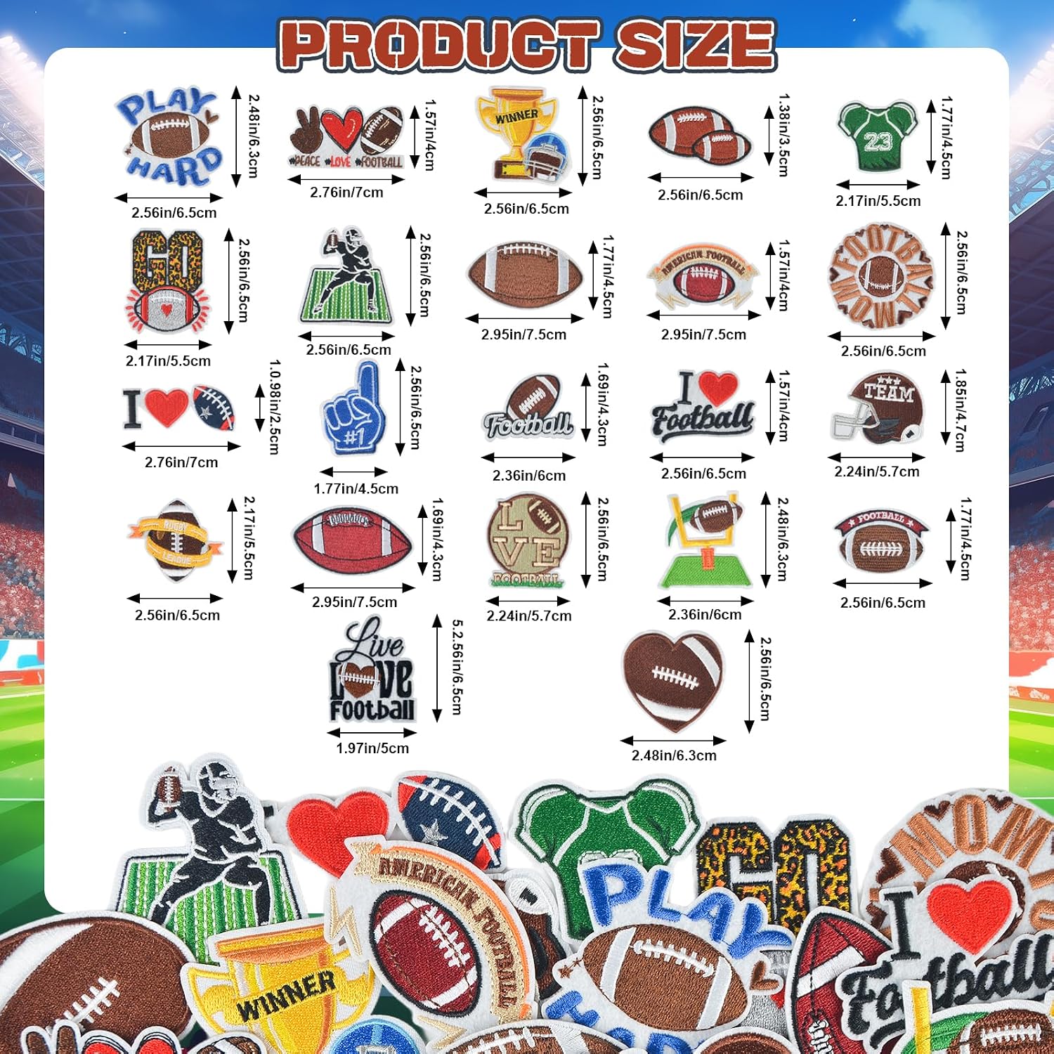 98PCS Football Iron On Patches Set, Includes 23 Styles Embroidered Football Patches for Hats & 75 PCS Star Stickers, Rugby Sport Embroidered Applique Patches for Jacket Pants Backpack Hat DIY Crafts