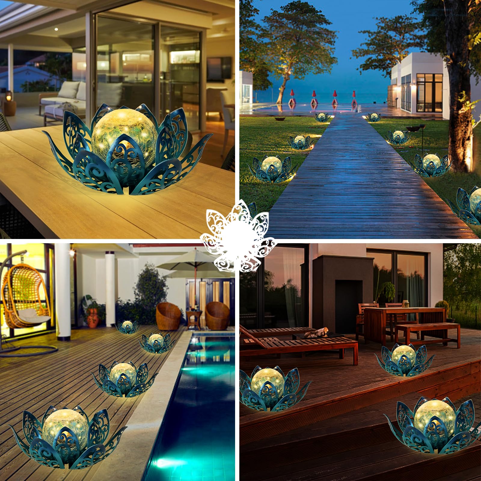 Luces solares para exteriores, lámpara de loto para decoración de jardín, farol solar de cristal agrietado de metal, impermeable, luz LED de mesa para patio, césped, pasarela, mesa, camino 8