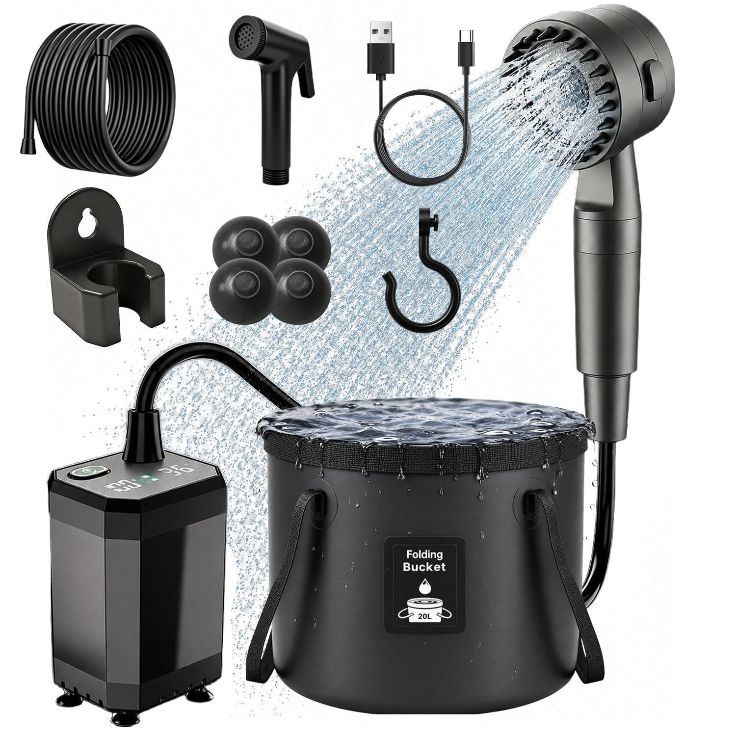 Douche de camping portable, pompe à eau rechargeable à piles pour douche en plein air, camping, randonnée, voyage, douche électrique 12 V avec fort débit d'eau, légère et facile à utiliser pour le