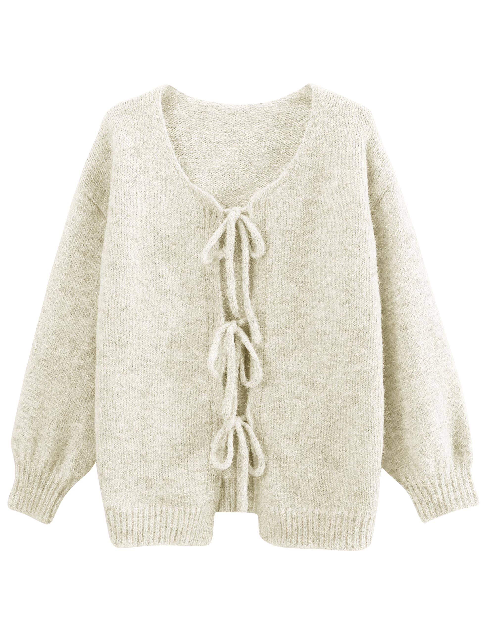 Lumister Cute Oversized Cardigan Sweaters for Women Y2K Long Sleeve V Neck Bow Tie Front Cadigan Knitwears Bow