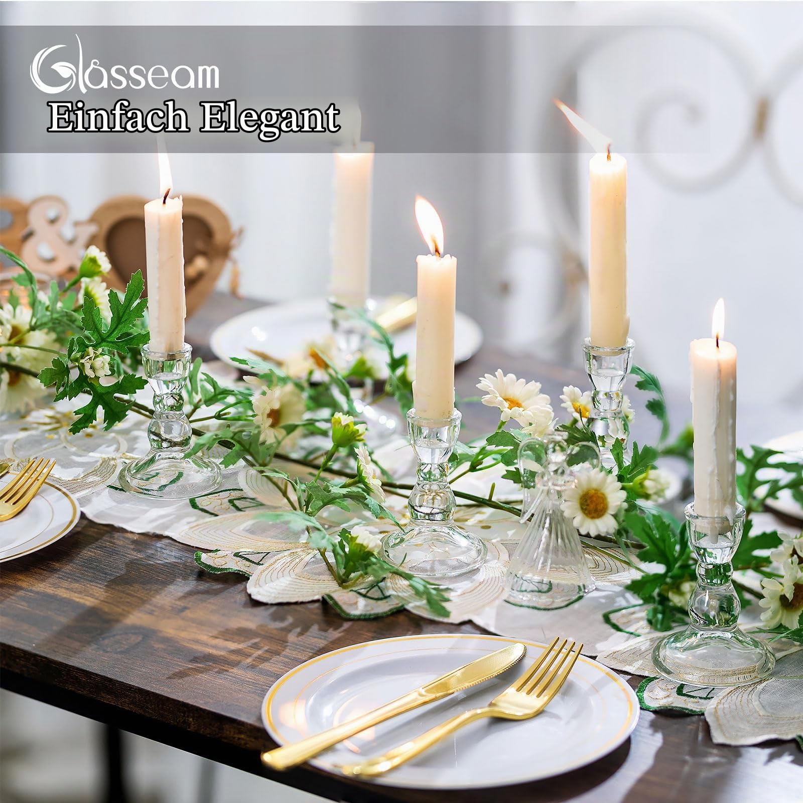 Glasseam Glas Kerzenständer Stabkerzen: 20 Stück Kerzenhalter Stabkerze | Transparent, Klein, Weihnachten, Advent, Hochzeit, Tischdeko, Kommunion