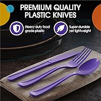 Vista 4 de Exquisite Cuchillos de plástico morados, 50 piezas, cuchillos morados, utensilios desechables, juego de cubiertos de plástico resistente