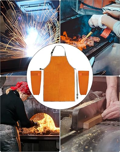Miniatura 4 de QWORK Delantal y mangas de soldadura, juego de protectores de trabajo de soldadura, taller de trabajo de cuero resistente al calor y al fuego, ropa