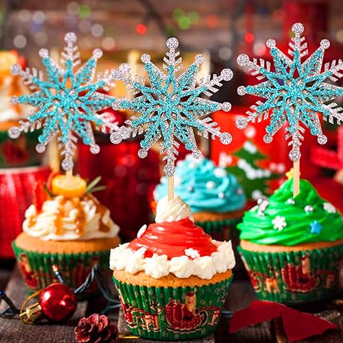 Miniatura 7 de Unimall Paquete de 24 adornos para cupcakes de copo de nieve de 2 capas con purpurina temática de invierno para decoración de pasteles para Navidad,