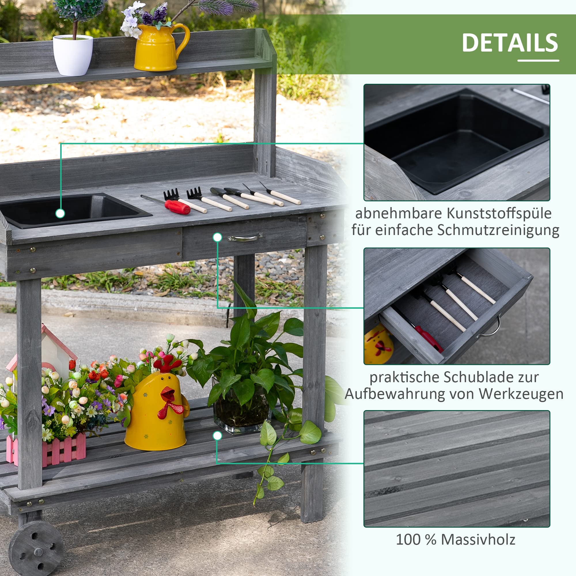 Outsunny Mesa de jardín con cajón de 2 Niveles, con Lavabo y Ruedas, Madera de Abeto Gris, 92 x 45 x 119 cm