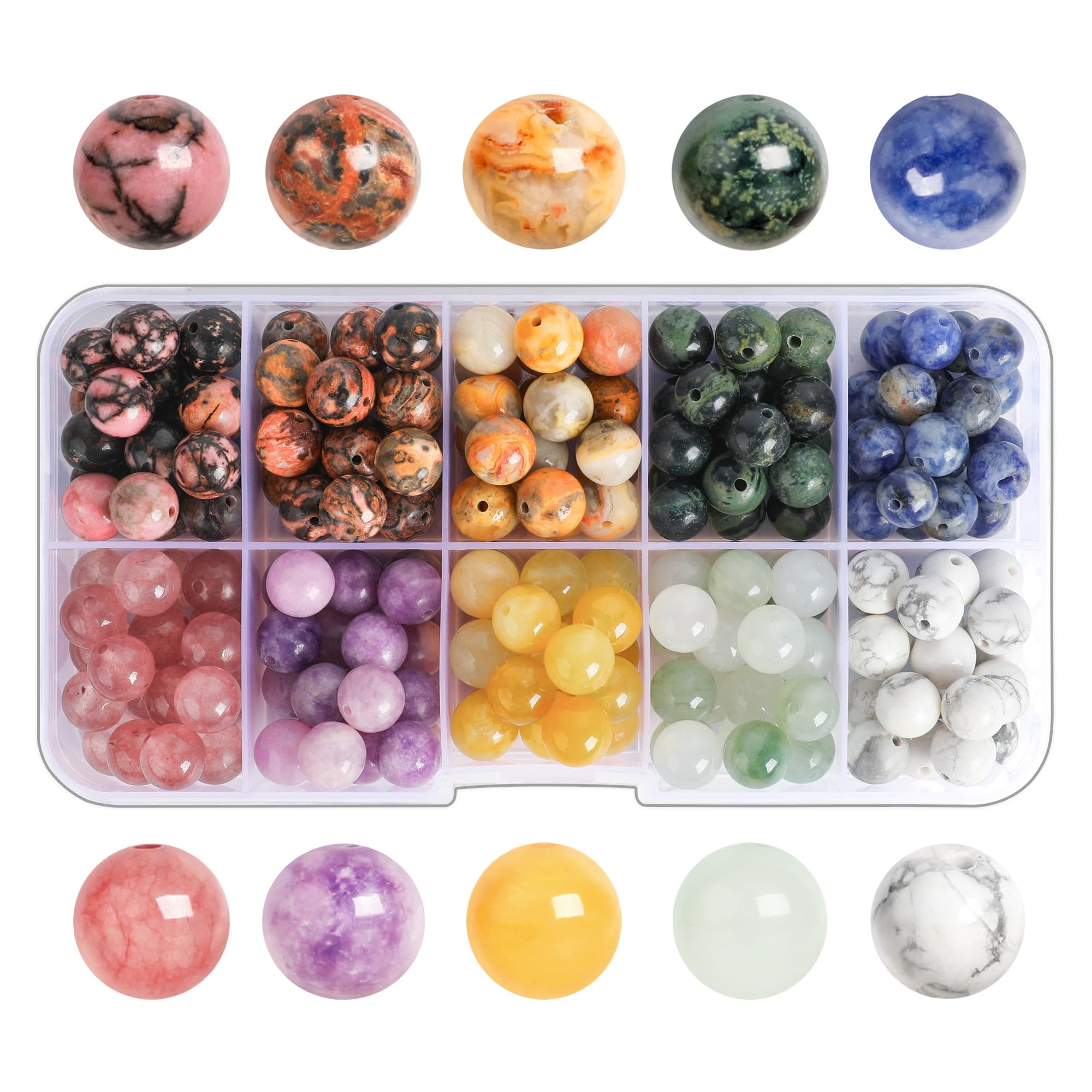 SOSMAR 200 Cuentas Redondas de Piedras Naturales 8mm para Joyería - 10 Tipos (Cuarzo Fresa, Ágata de Encaje Loco, Howlita Blanca) - Pulseras, Collares, DIY Manualidades (estilo D)