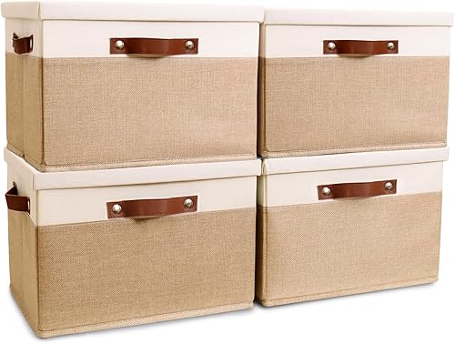 HOdo Home Contenedores de almacenamiento de tela con tapa y 2 asas llamativas, canastas de almacenamiento grandes plegables de lona para