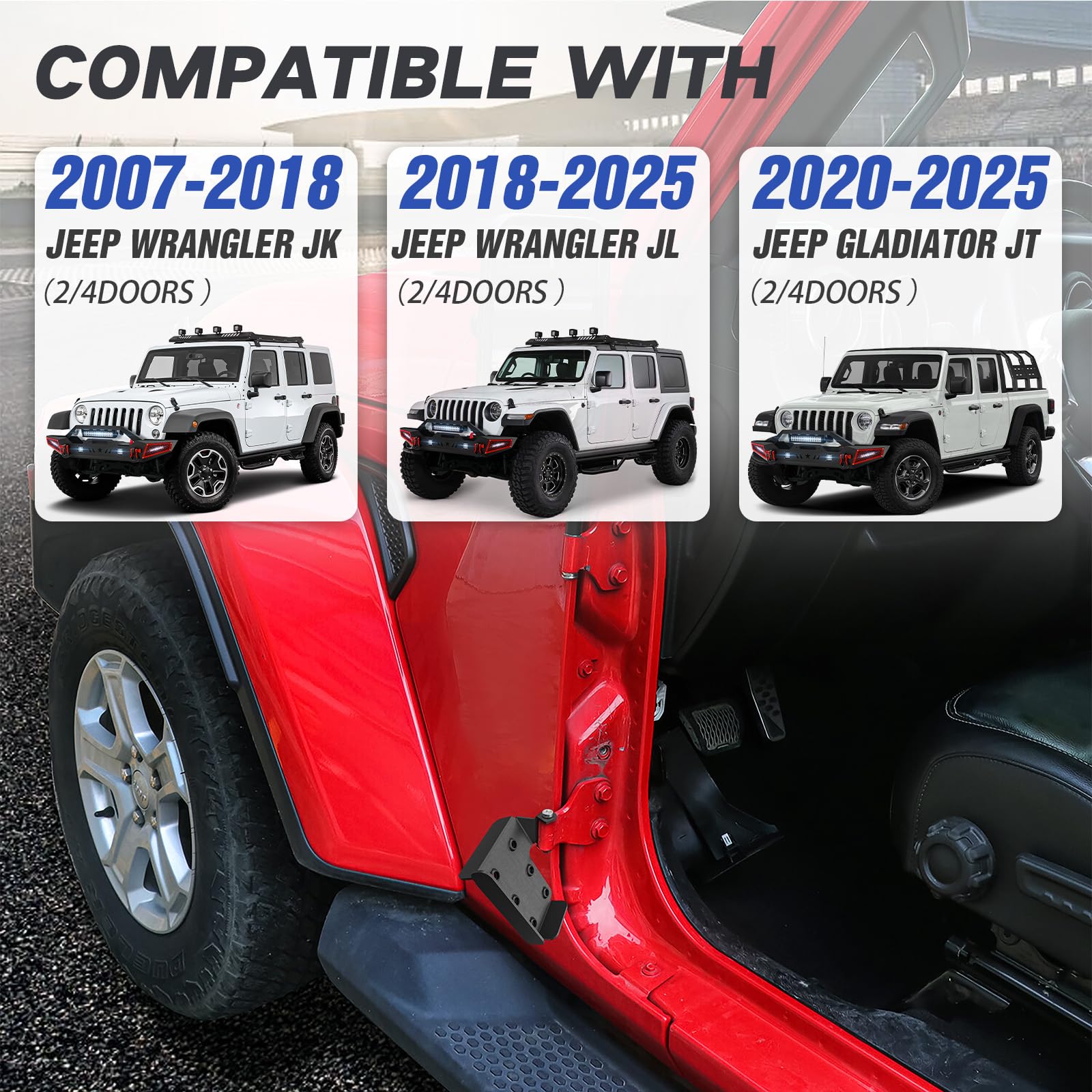 YZONA Podnóżki kompatybilne z 2007-2018 Jeep Wrangler JK JKU i 2018-2026 JJL JLU 4XE & Gladiator JT 2/4 drzwi, zewnętrzne zawiasy drzwi, pedały, podnóżek, akcesoria do paneli kopania (2 szt.)