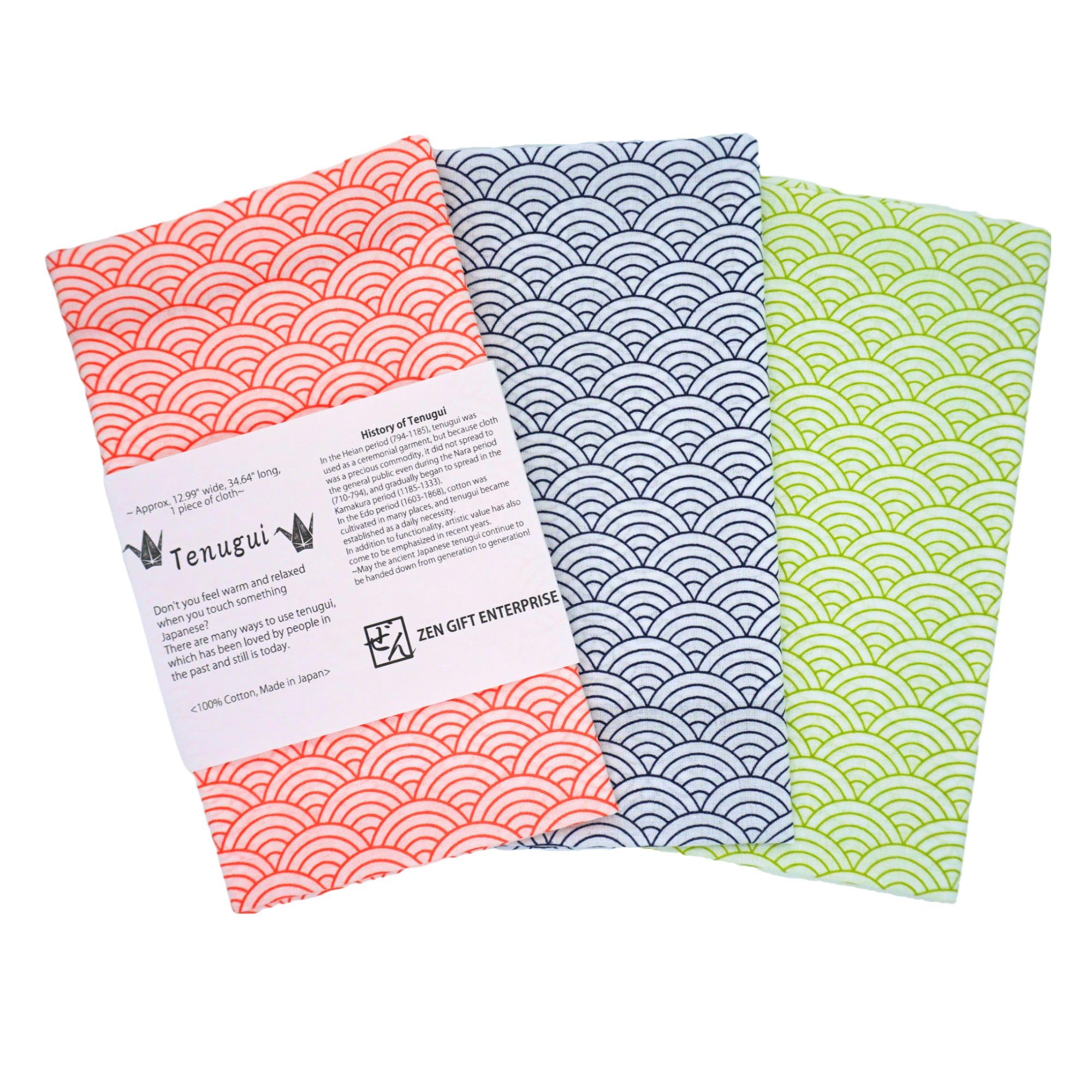 ZEN GIFT ENTERPRISE Tenugui Traditional Towel Made in Japan Fray Prevention 100% Cotton Eco Friendly Kitchen Towels Gift Wrapping Seigaiha Pattern Set of 3 12.99"x34.64"