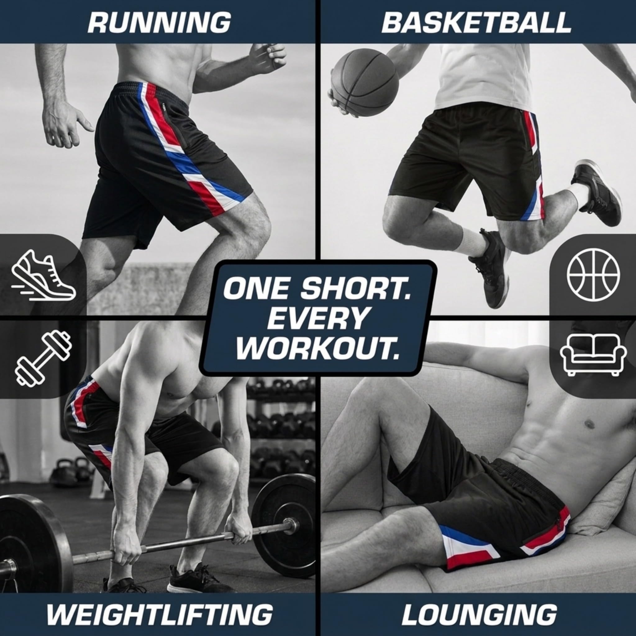 Ultra Performance Męskie 5-pak sportowe spodenki do biegania, spodenki treningowe do koszykówki na siłownię dla mężczyzn z kieszeniami zapinanymi na zamek błyskawiczny