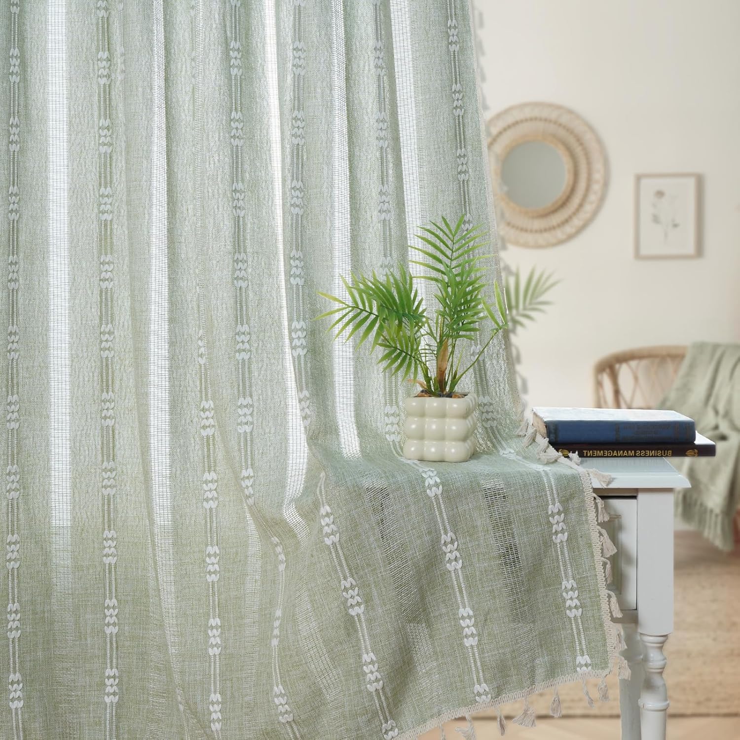 ColorBird Spring Green Curtains for Living Room Boho Curtains & Drapes Light Filtering 84 Inches Linen Textured Modern Farmhouse Decor Embroidered Striped for Dining Room Bedroom