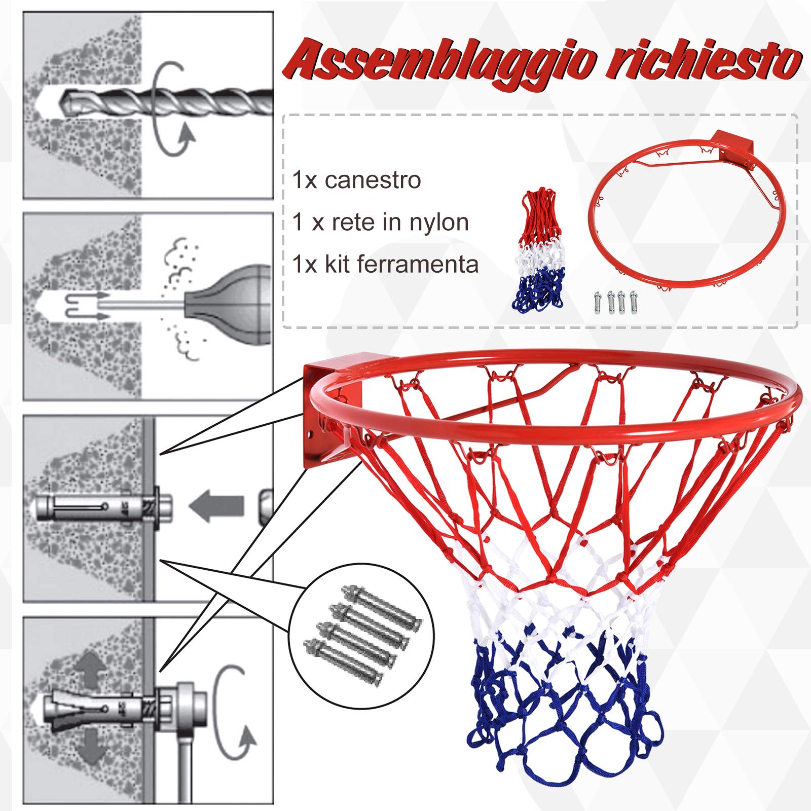 HOMCOM Canestro Basket da Muro in Ferro con Rete in Nylon per Esterno e Interno, Φ46cm