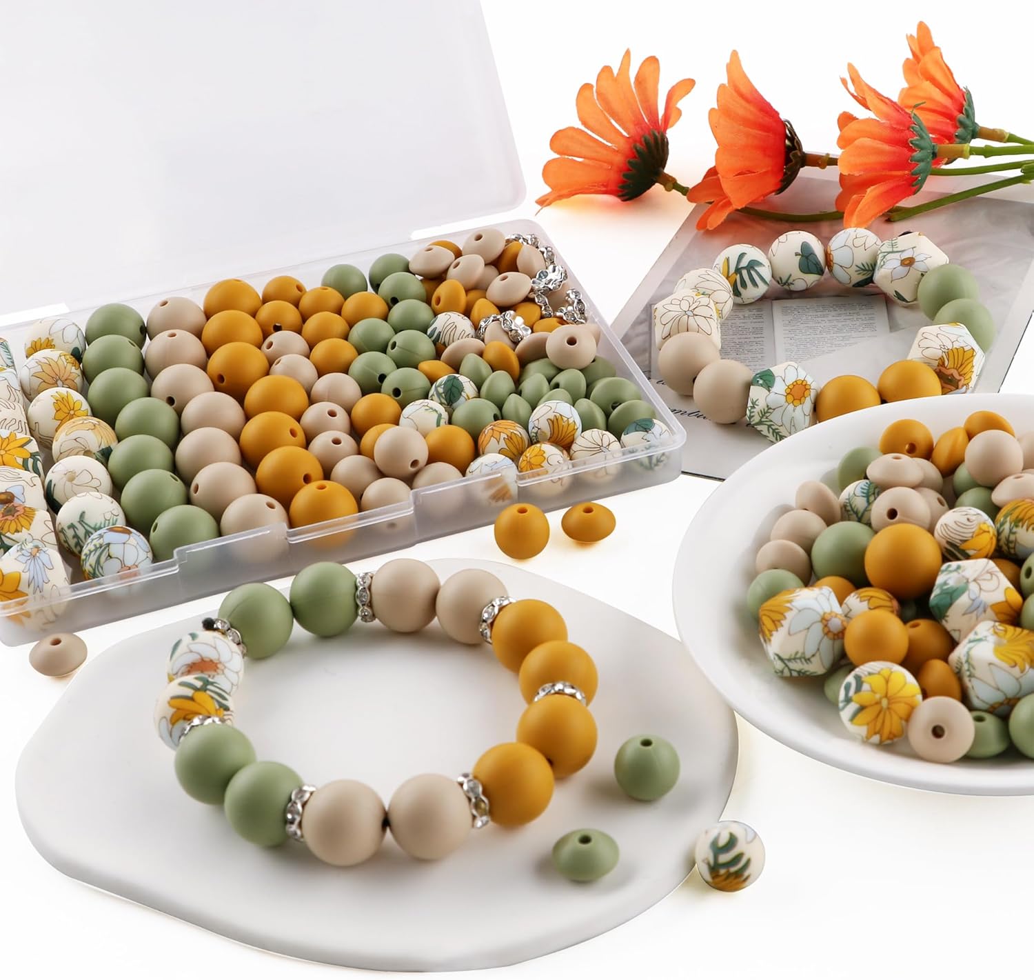 117Pcs 12mm 15mm Silicone Beads for Keychain Making,Floral Print Round Hexagon Print 10mm Rondelle Rhinestone Spacer Lentil Silicone Beads for Pens - Image 3