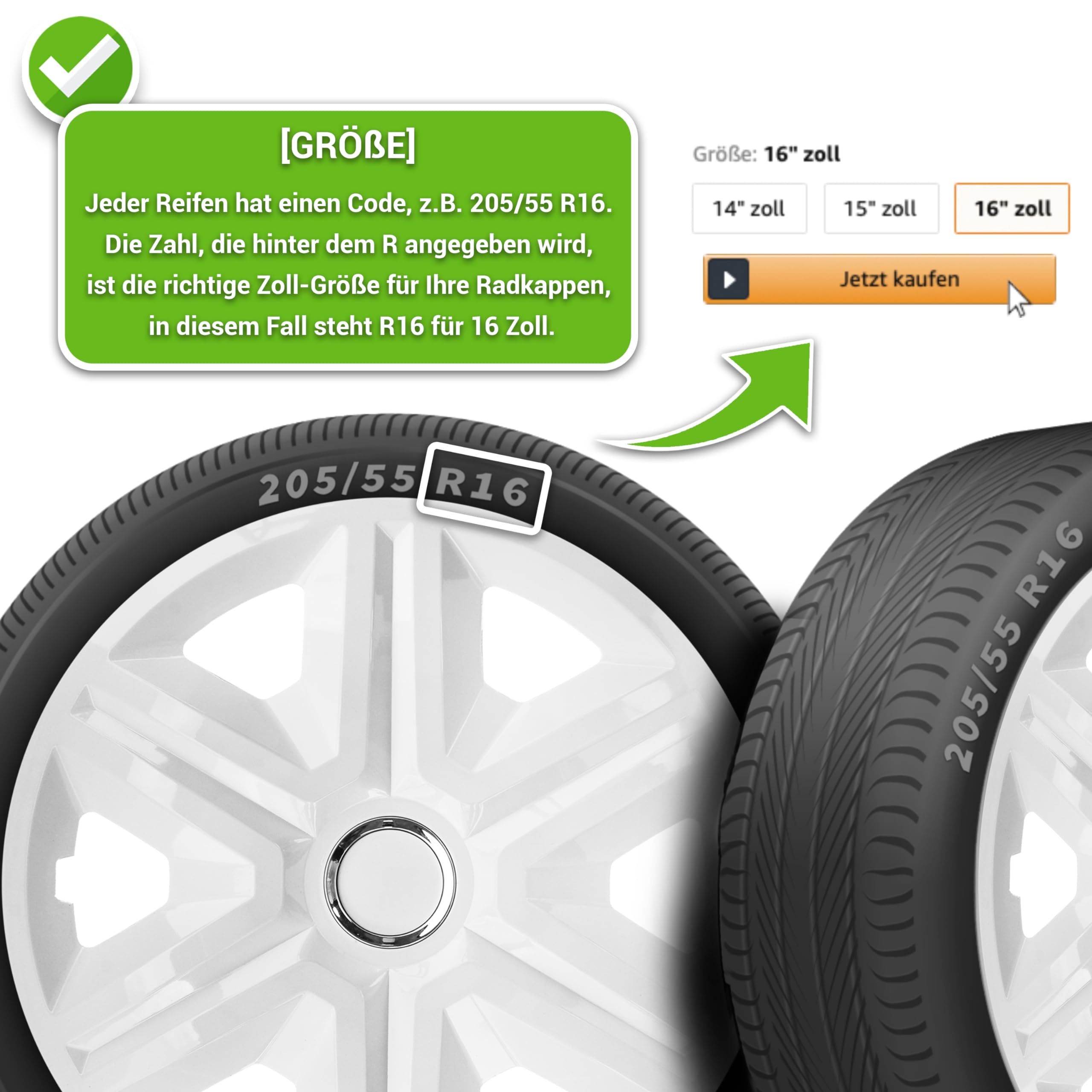 Moltico Enjoliveur - Set de 4 Universel Enjoliveurs - Adapté à Toutes Roues en Acier - Enjoliveurs pour Auto - Anneau de Sécurité Réglable - 16 Pouces - Blanc