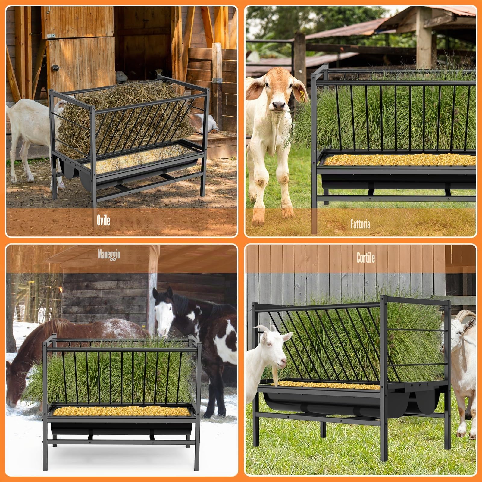 Mangiatoia per Fieno di Capra 2 in 1 Mangiatoia per Fieno e Cereali Alimentatore Mangiatoia Fieno per Cavalli Supporto per Fieno per Bestiame 107*65*90cm