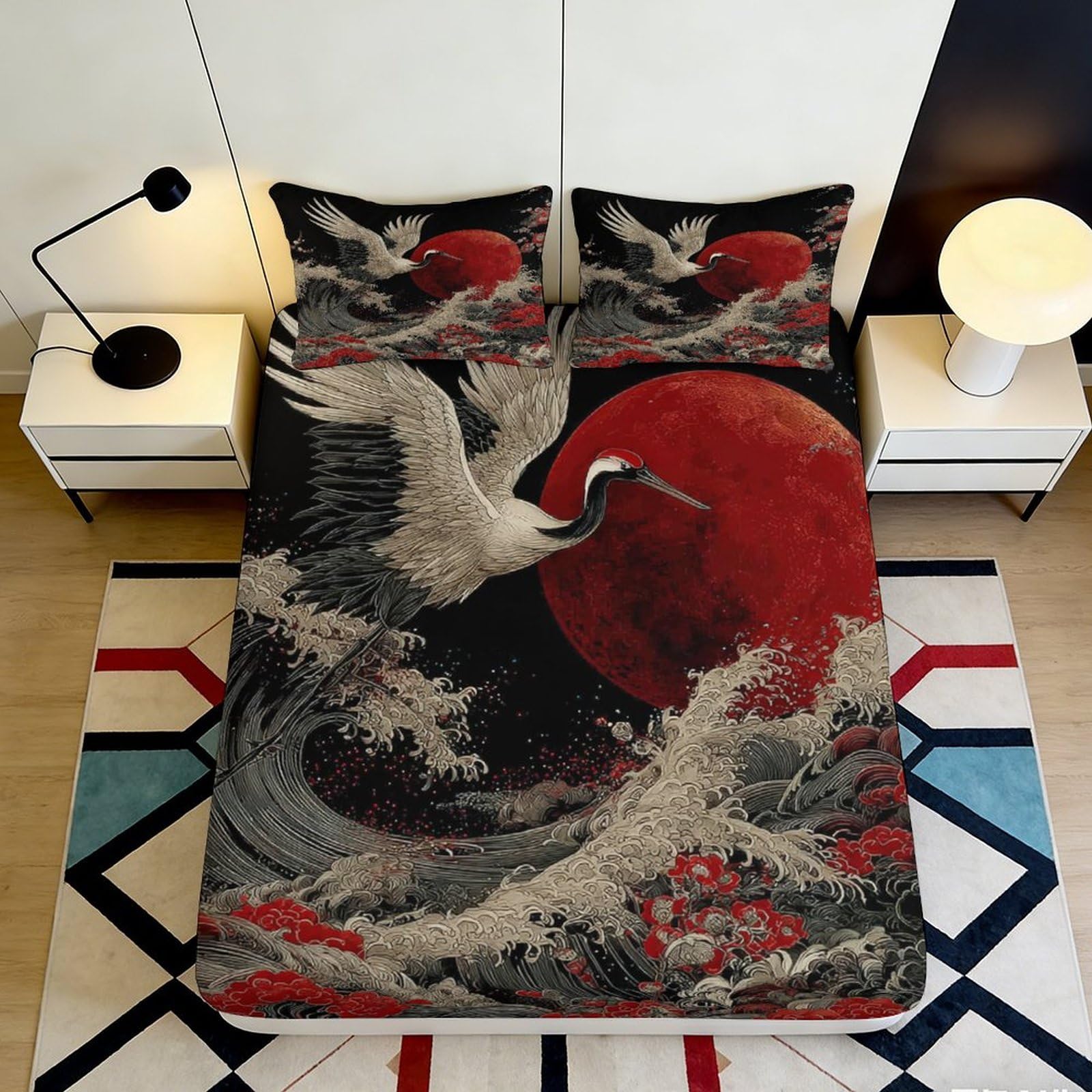 3D Printed Japanese Red Moon Crane Fitted Sheet Microfiber Black Artistic Wave Mattress Cover Bedroom Decor 90x200x25cm