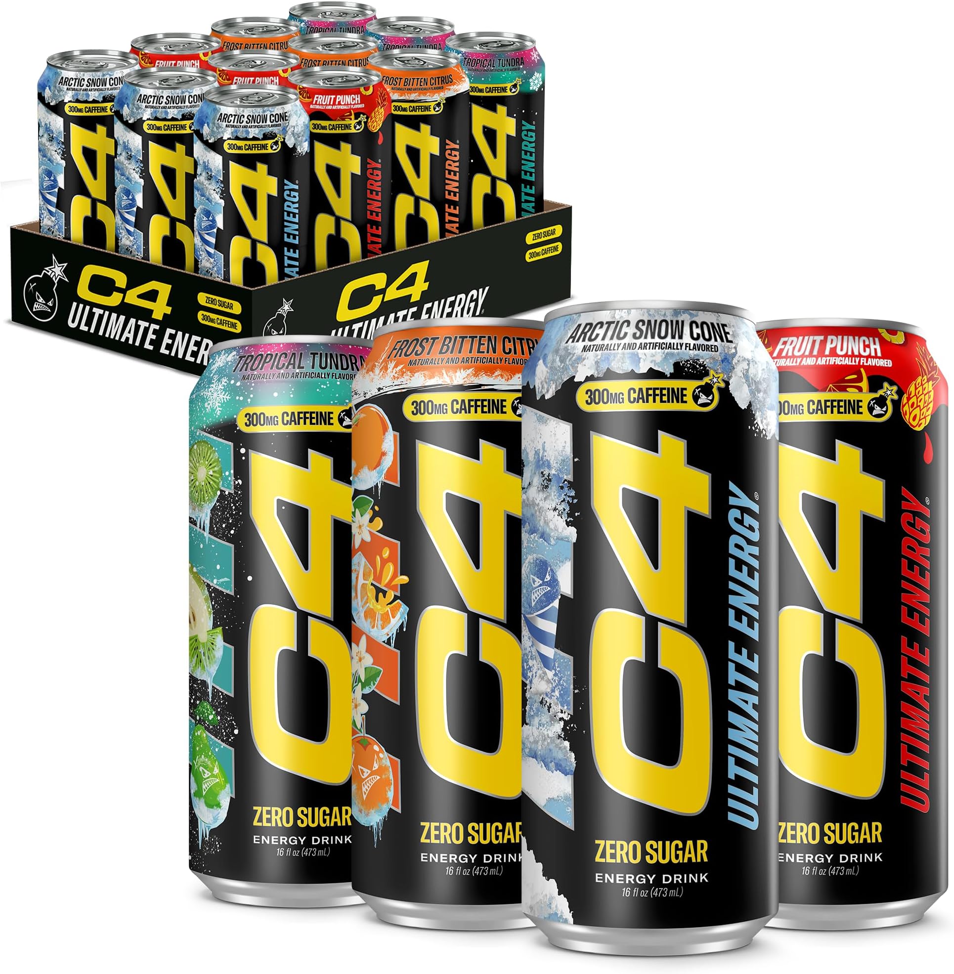 C4 Ultimate Energy Drink, 300mg Caffeine, Zero Sugar, High-Performance Energy for Pre-Workout, Endurance, and Focus, Variety Pack, 16oz (Pack of 12)