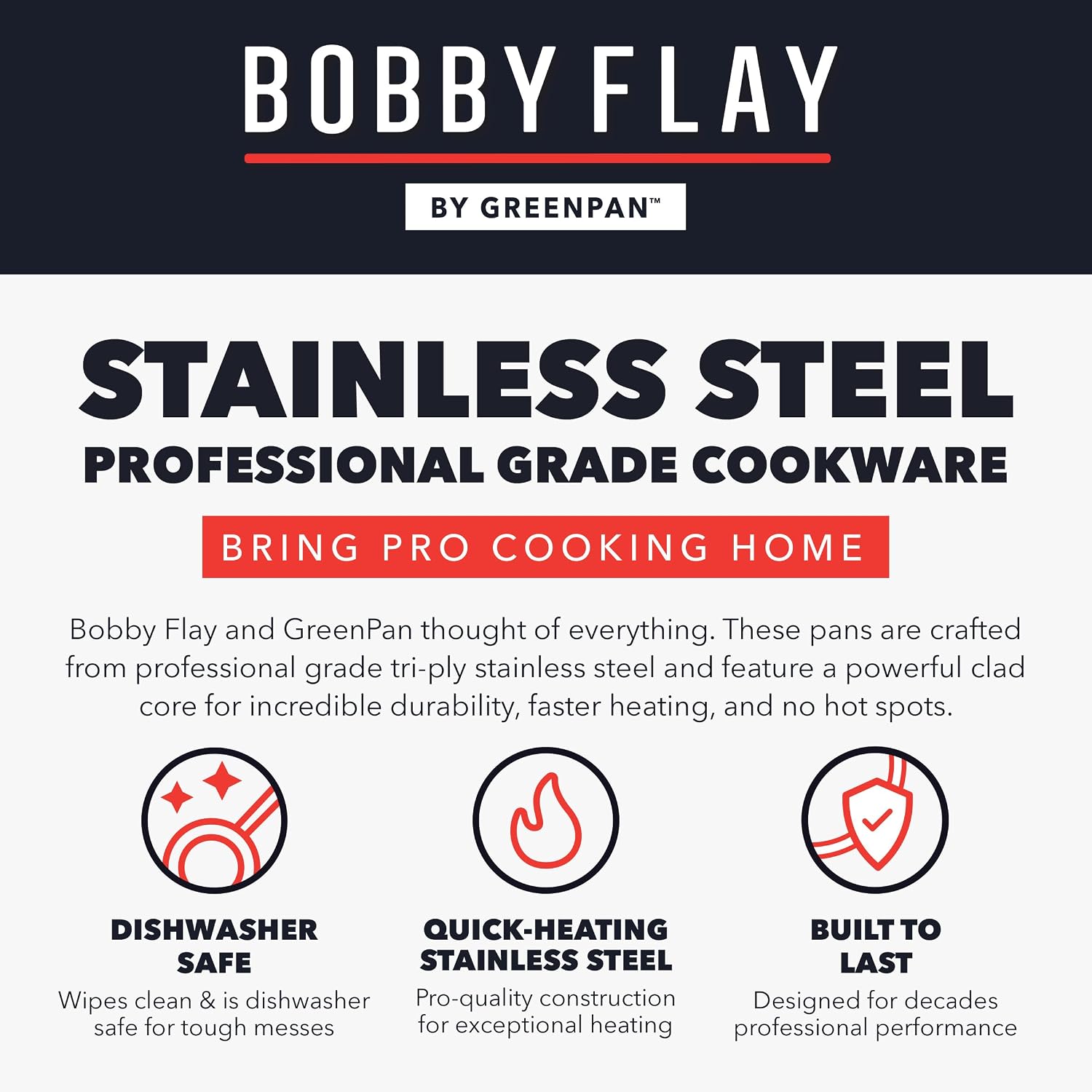 GreenPan x Bobby Flay 3.57QT Chef Pan, Stainless Steel with Glass Lid