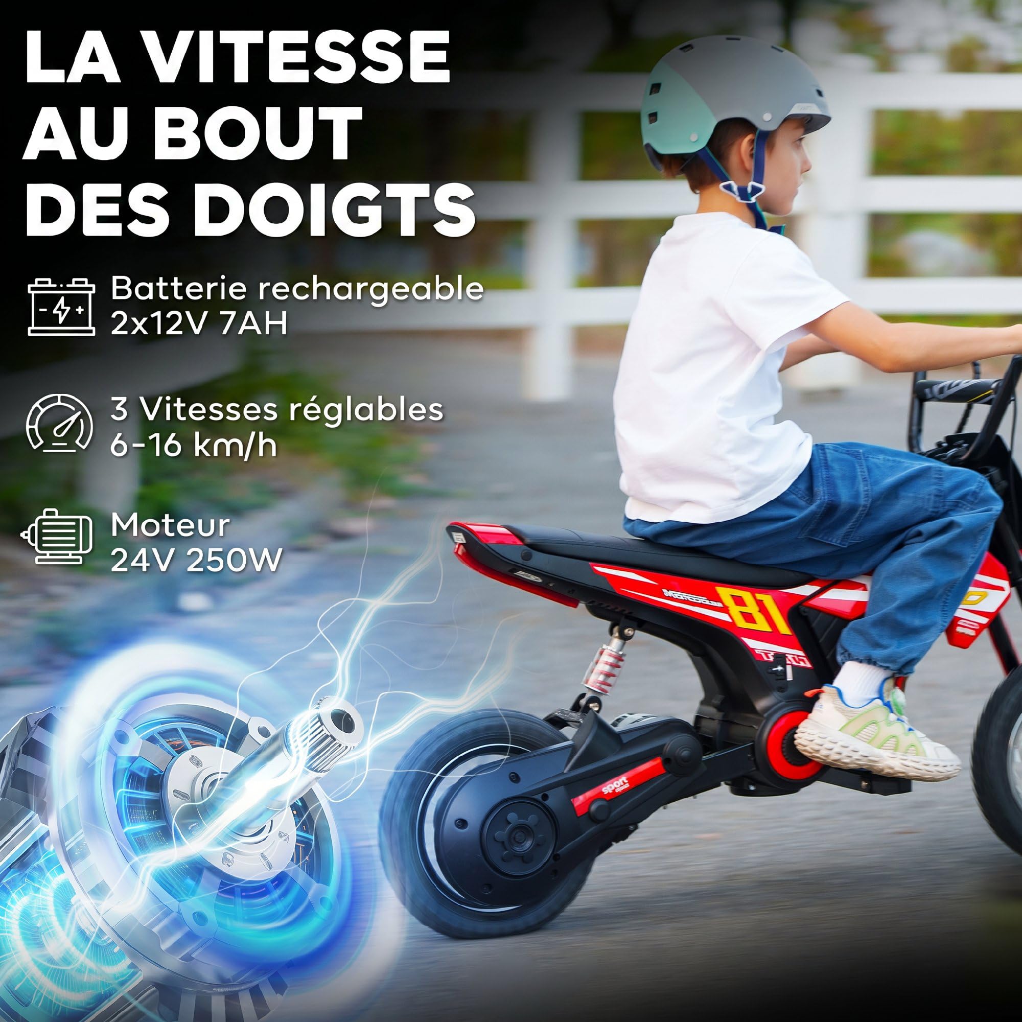 AIYAPLAY Moto Électrique Enfants 24V Moteur 250W 6-16 km/h 8-12 Ans Rouge