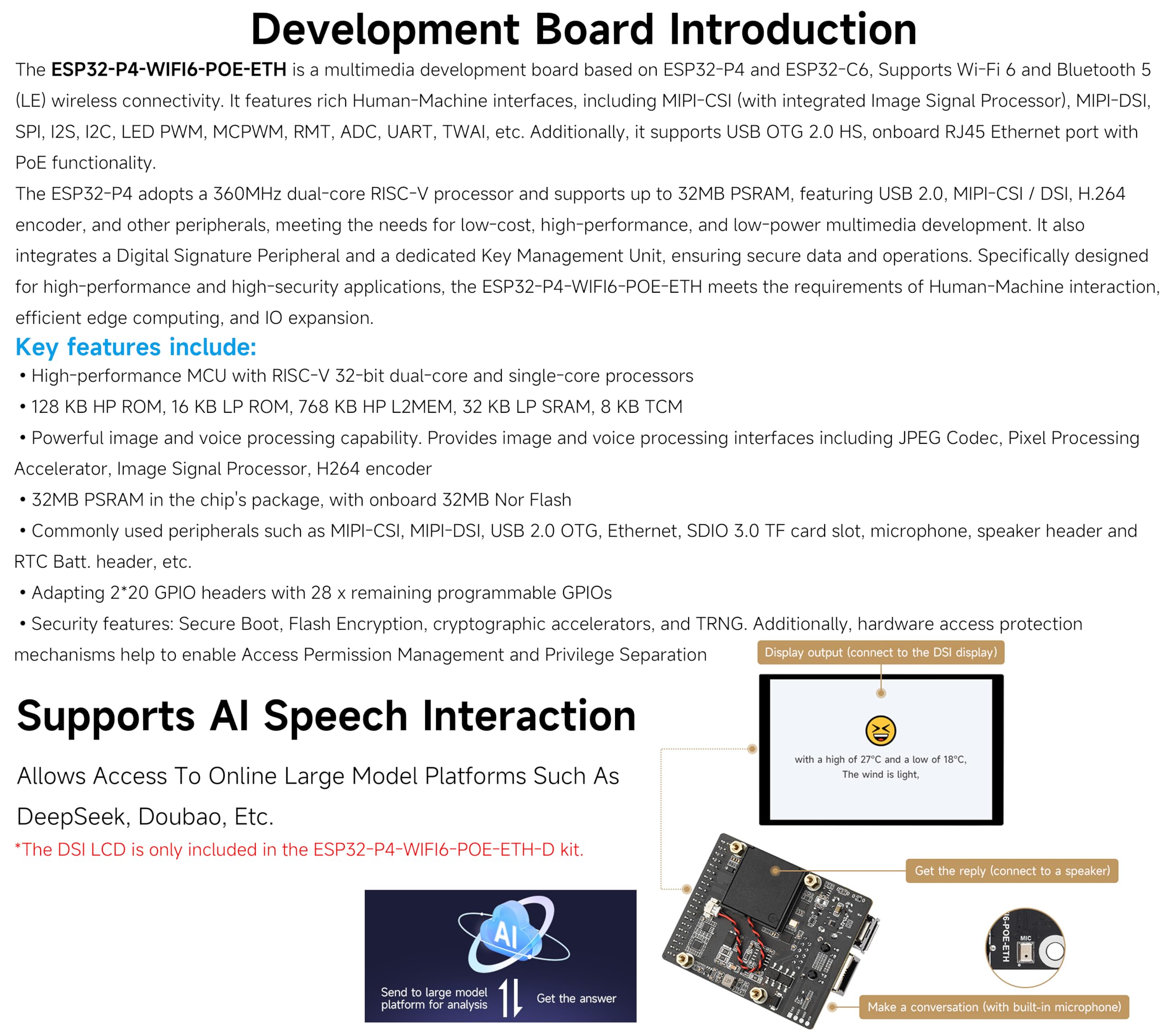 ESP32-P4-WIFI6-POE-ETH Development Board, Based on ESP32-P4 and ESP32-C6, Supports Wi-Fi 6 and Bluetooth 5 (LE), with PoE Module for PoE Power Supply, with 10.1inch Screen, Camera, Speaker (16 Items)