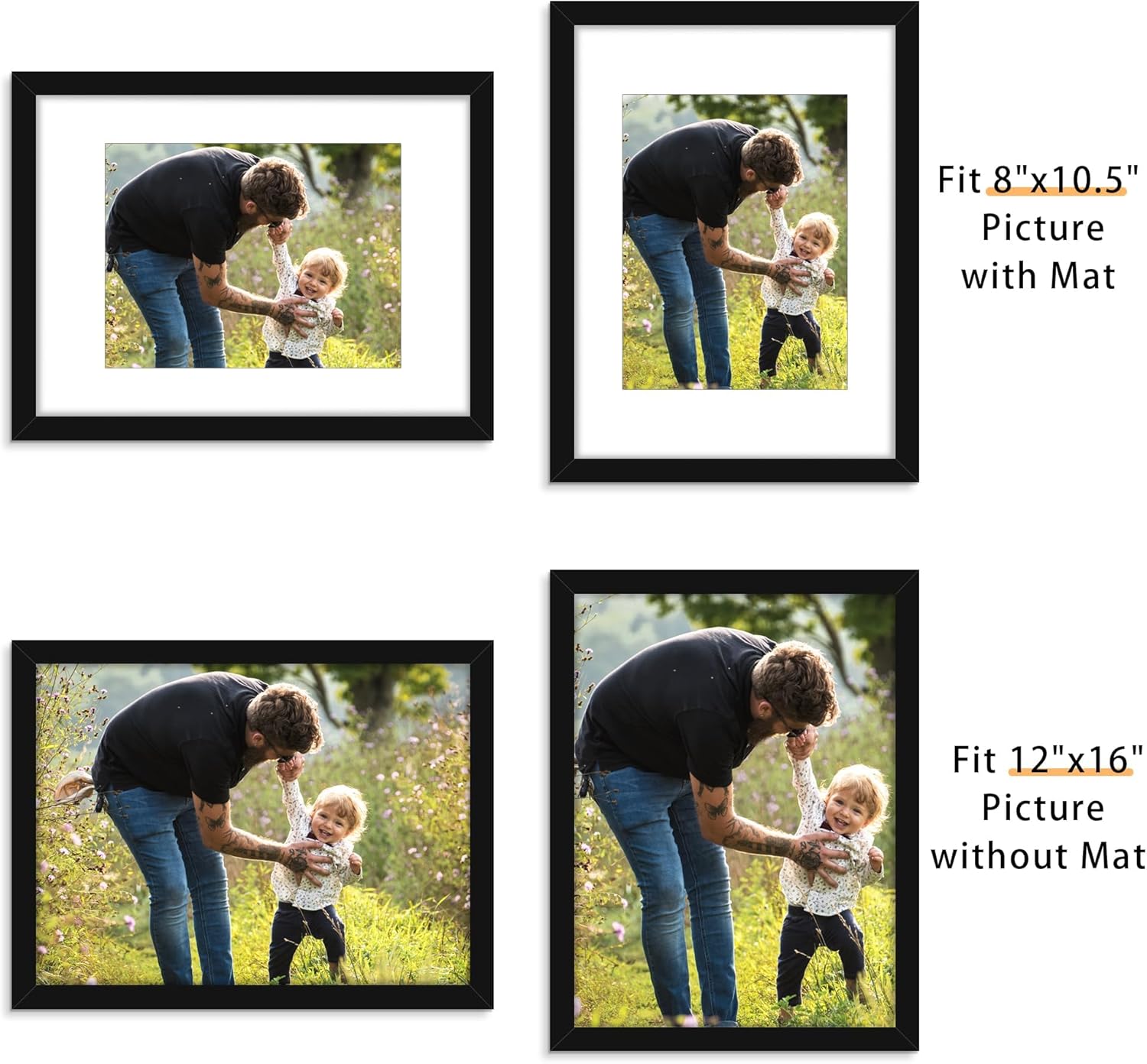 Picrit 12x16 Picture Frame Set of 12, Display 8.5x11 with Mat or 12x16 without Mat, Photo Frames for Wall Mounting Display, Black Black 12x16