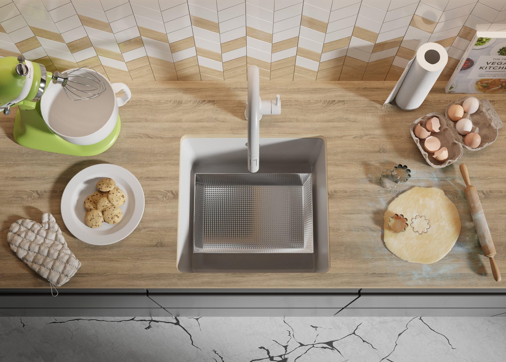 PRIMAGRAN Fregadero bajo Encimera Blanco - Venecia Easy, 46x44cm | Cocina 1 Seno + Sifón, Granito al Mueble 50cm (S028)