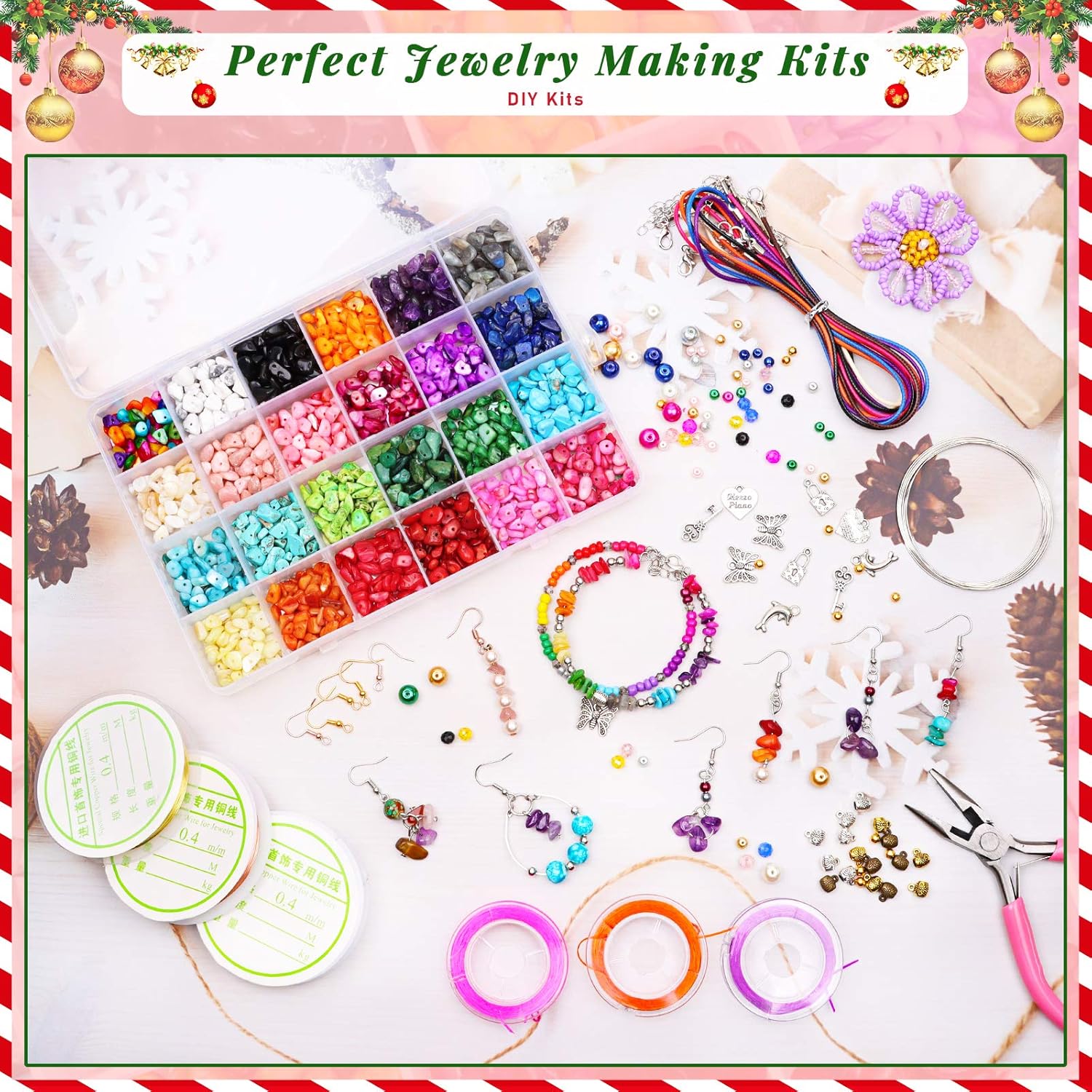 Yholin 2000pcs Irregular Gemstone Beads Kit,Natural Crystal Shell Chips Stone Beads with Earring Hooks Open Jump Rings Elastic String Tools for Earring Bracelet Jewelry Making Supplies