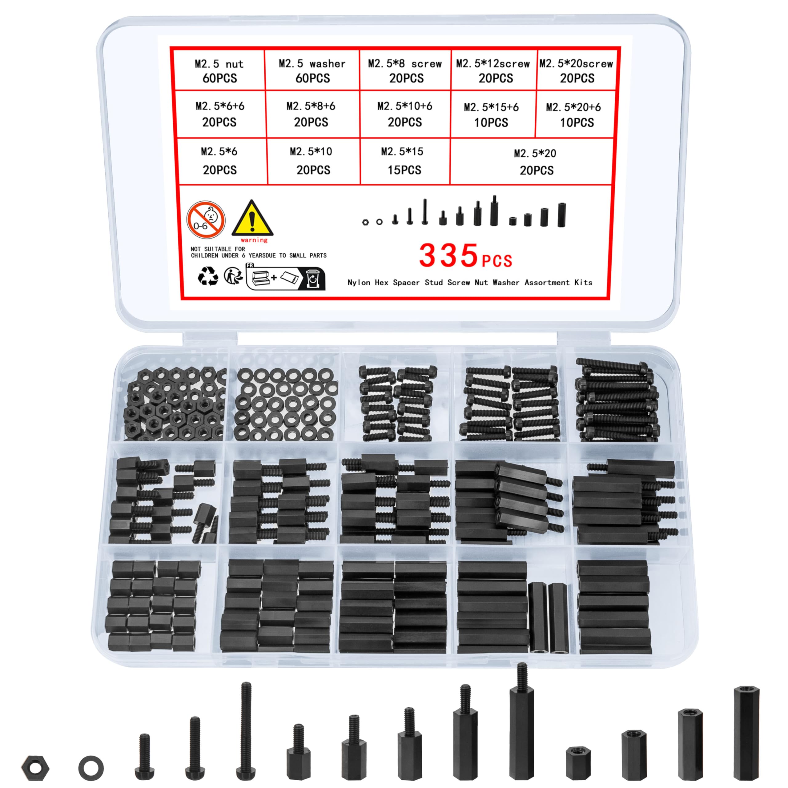 335 Pcs M2.5 Male Female Nylon Spacer Standoff Screw Nuts, Assorted Black Nylon Threaded Pillars, Cross Head Standoff Spacer Pillar Spacers Washers Assortment Kit for PCB Board Motherboard