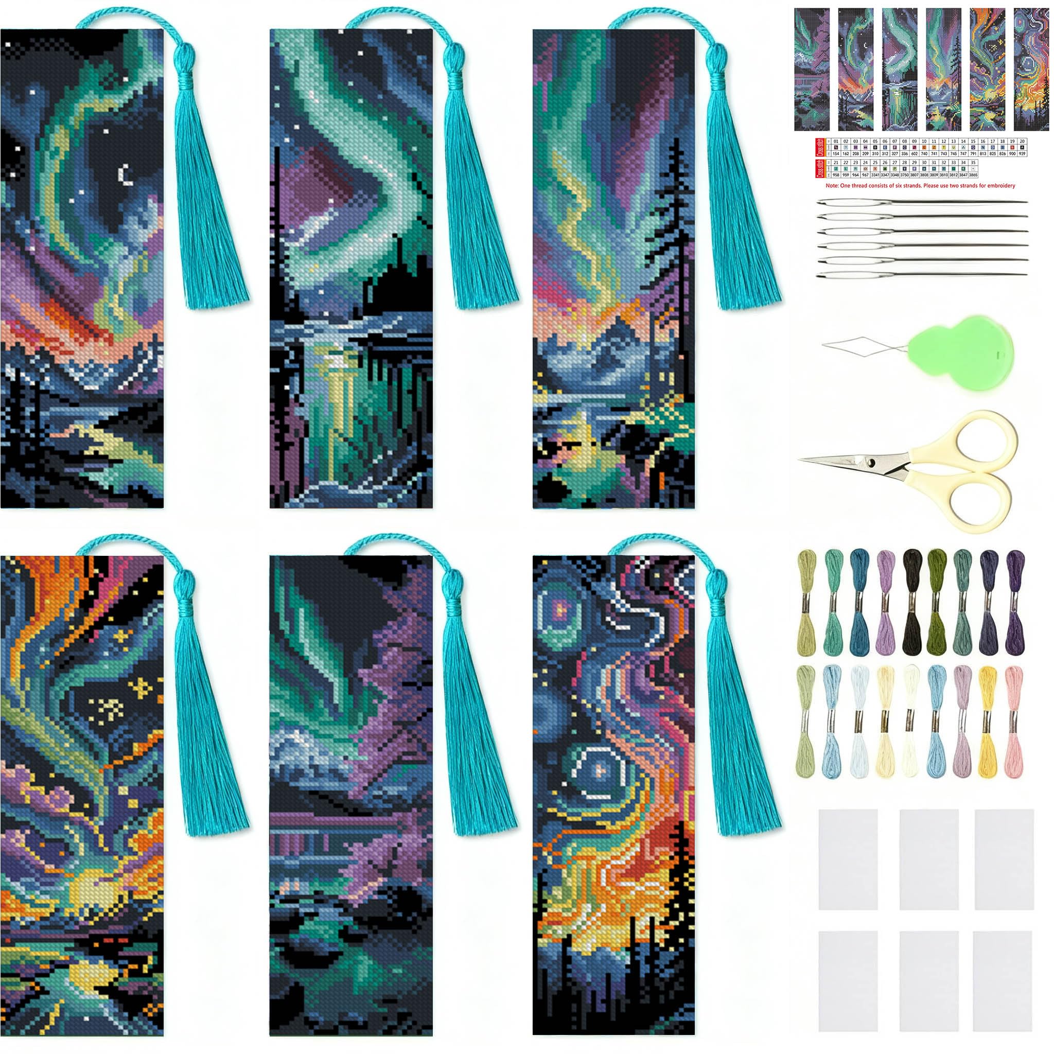 Jakener Cross-Stitch Bookmark-6 6 Pcs Starry Sky Cross Stitch Bookmark Kit For Adult Beginners,Aurora Cross Stitch Kits 14 Ct Diy Crossstitch Kits Adult Stamped Bookmark Embroidery Bookmarks Kit