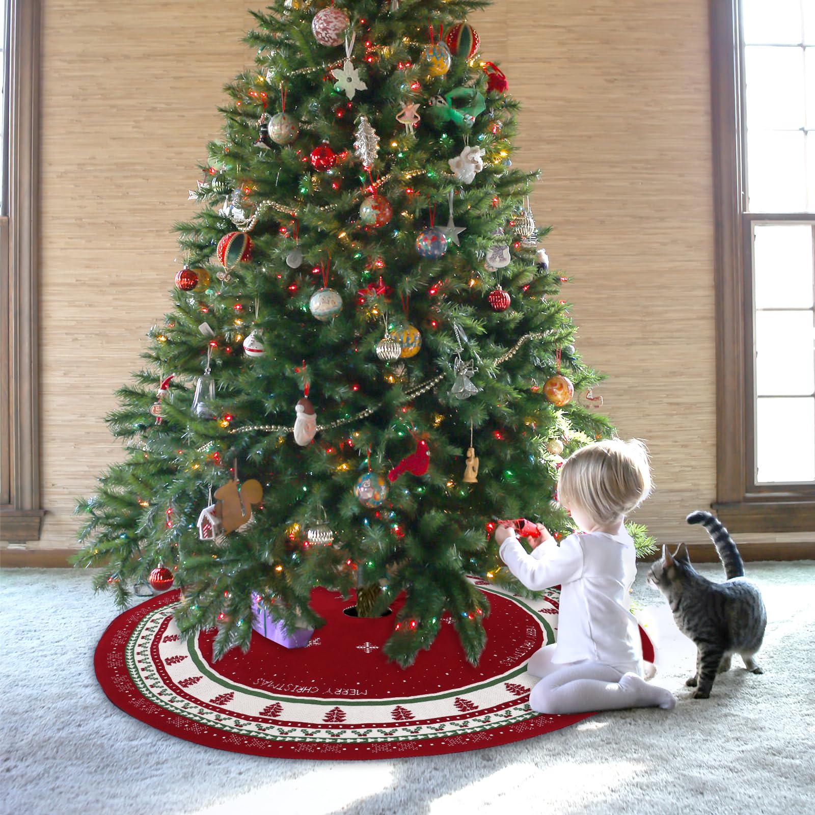 DEMIUKO Jupe de sapin de Noël en tricot rouge épais de 122,9 cm avec flocon de neige – Jupe de sapin de Noël rétro pour Noël, Nouvel An, vacances, maison, ferme, décoration d'intérieur (122 cm)