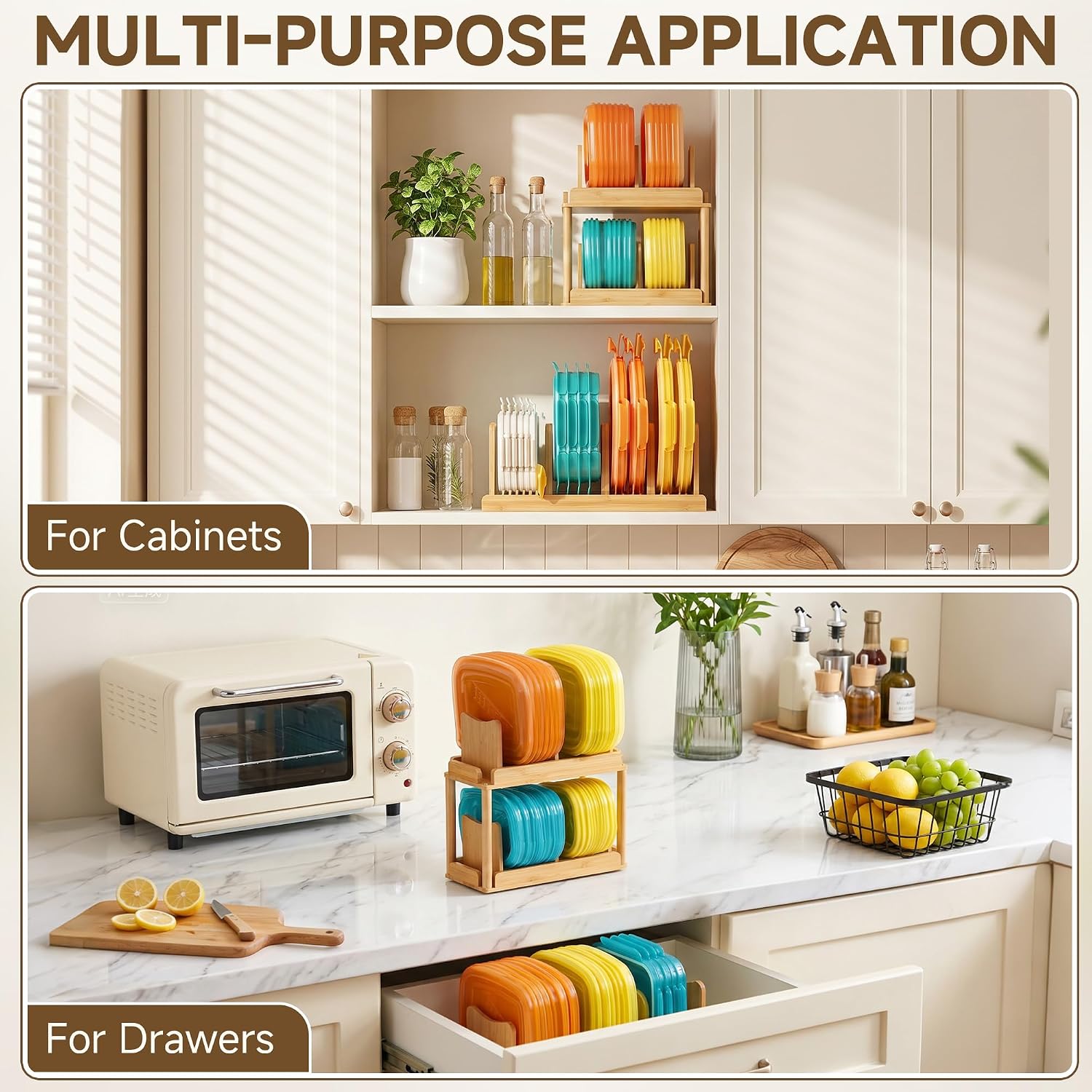 YIGII 2-Tier Bamboo Tupperware Lid Organizer with Dividers for Cabinet | NaturalBamboo, Moisture-Resistant, Removable Dividers, 2-Tier or Separate, for Drawers Countertops, Fits Small to Large Lids