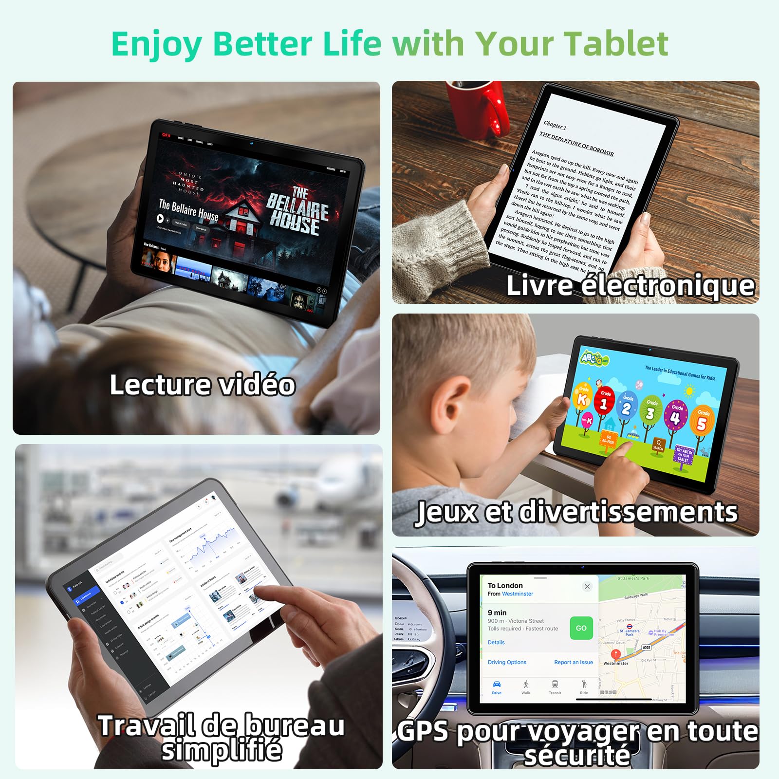 Tablette 10 Pouces, Tablette Android 15 avec Gemini AI, 18 GO RAM + 128 GO ROM + 1TO TF, Octa-Core, Écran Tactile IPS HD 1280x800, 6000 mAh, Widevine L1, WiFi 6 & BT 5.0, Caméra 5MP + 8MP(Noir)