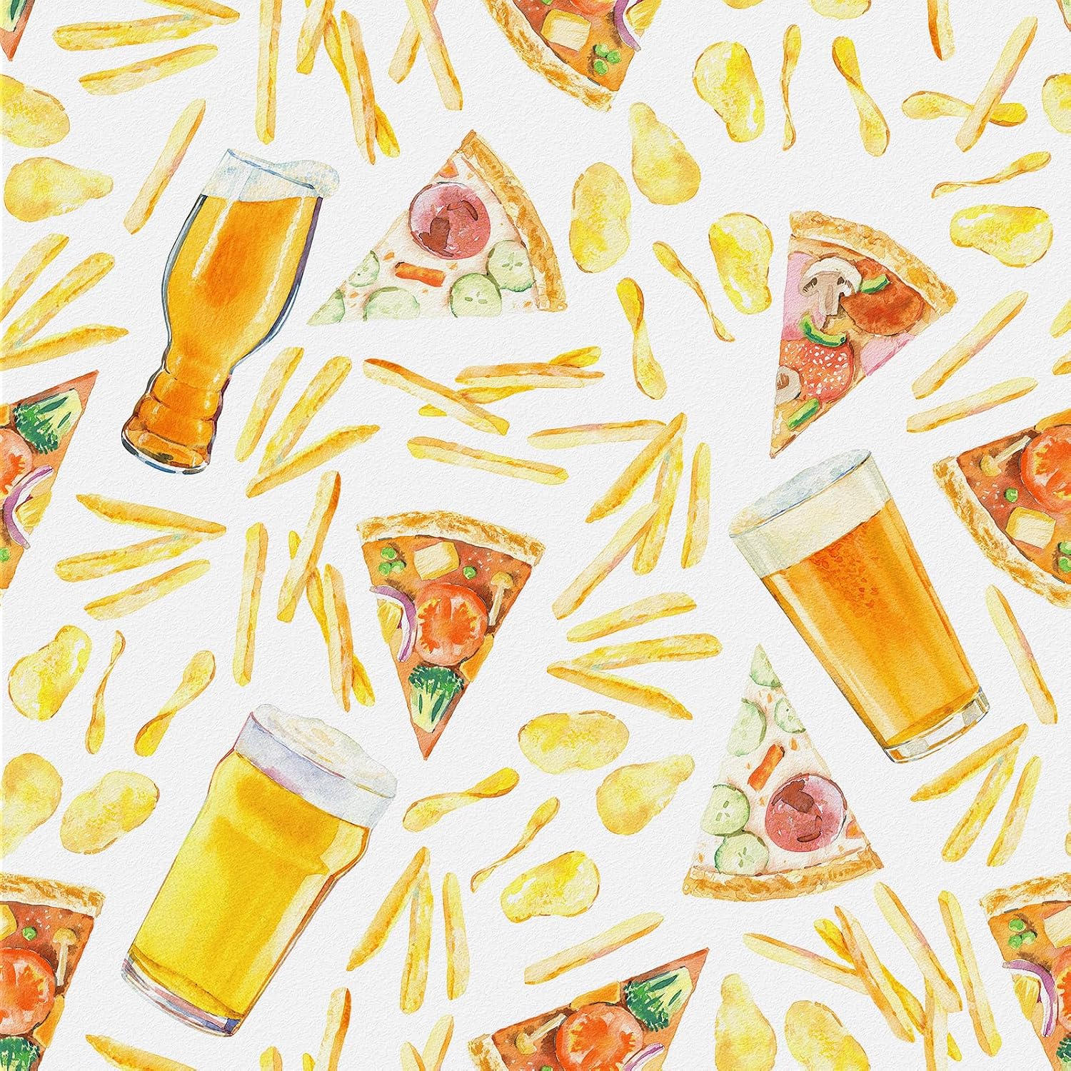Yellow Food Wallpaper Peel and Stick Vinyl Removable Kitchen Wallpaper Decorative Beer Pizza Fries Chips Yellow Contact Paper Waterproof Food Wall Paper for Living Room Backsplash 17.5" × 118"