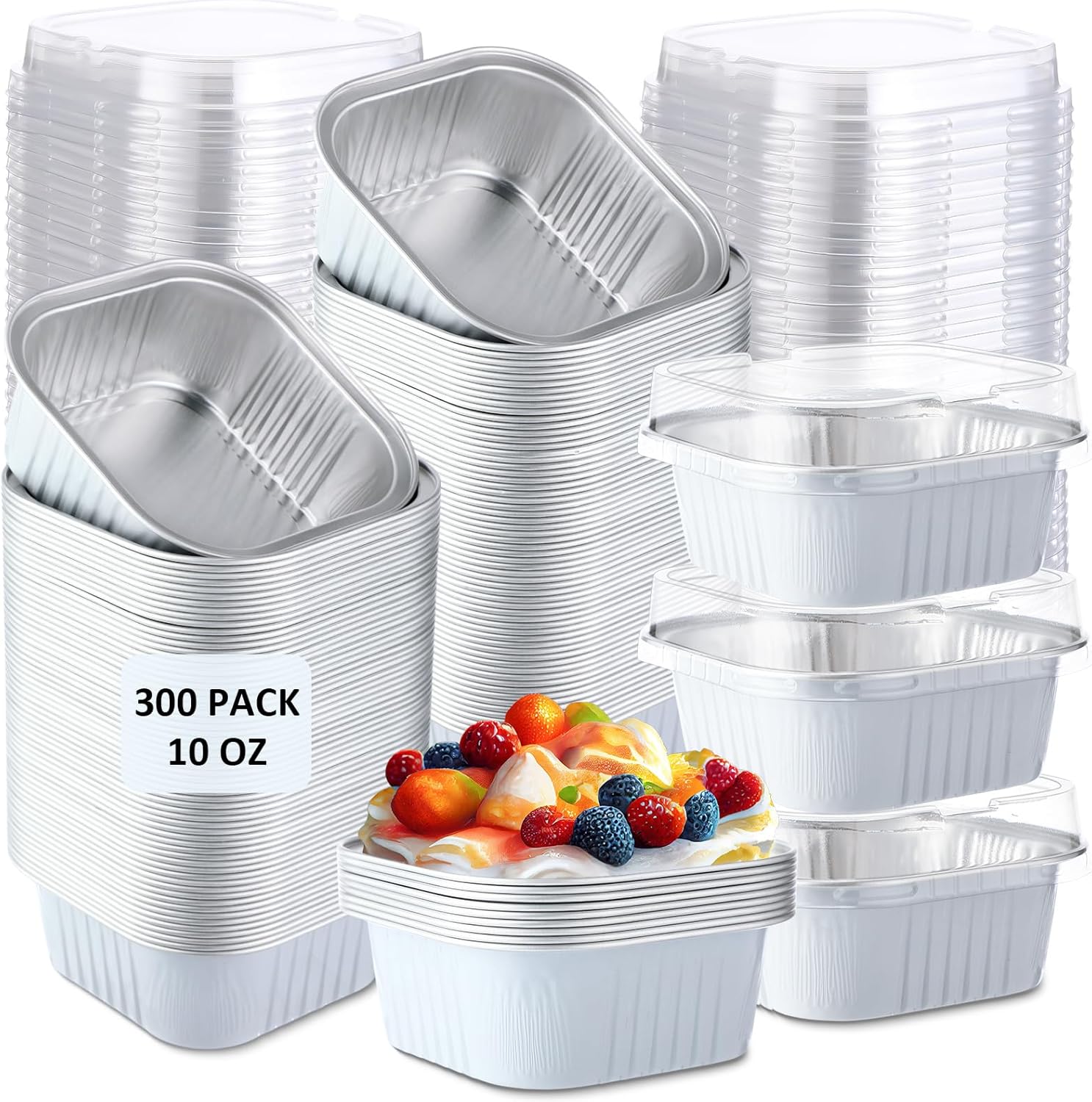 Aoriher 300 Pieces 10 oz Mini Cake Pans with Lids, Aluminum Foil Baking Cups, Square Disposable Cupcake Cups Baking Tins for Wedding Birthday Party Supplies(White, Silver) White/Silver