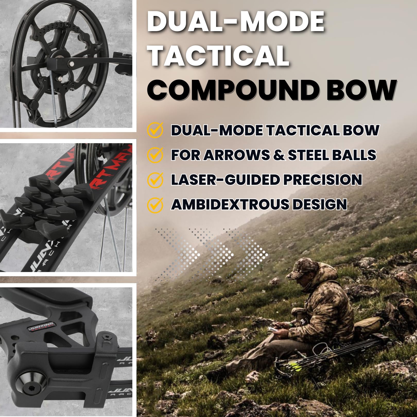 Kit Arco Composto da Caccia Adulti / 20" Doppio Uso per Frecce & Palle Acciaio/Potenza Regolabile 40-70 lbs/Velocità 330 FPS/Nero Destro-Mancino