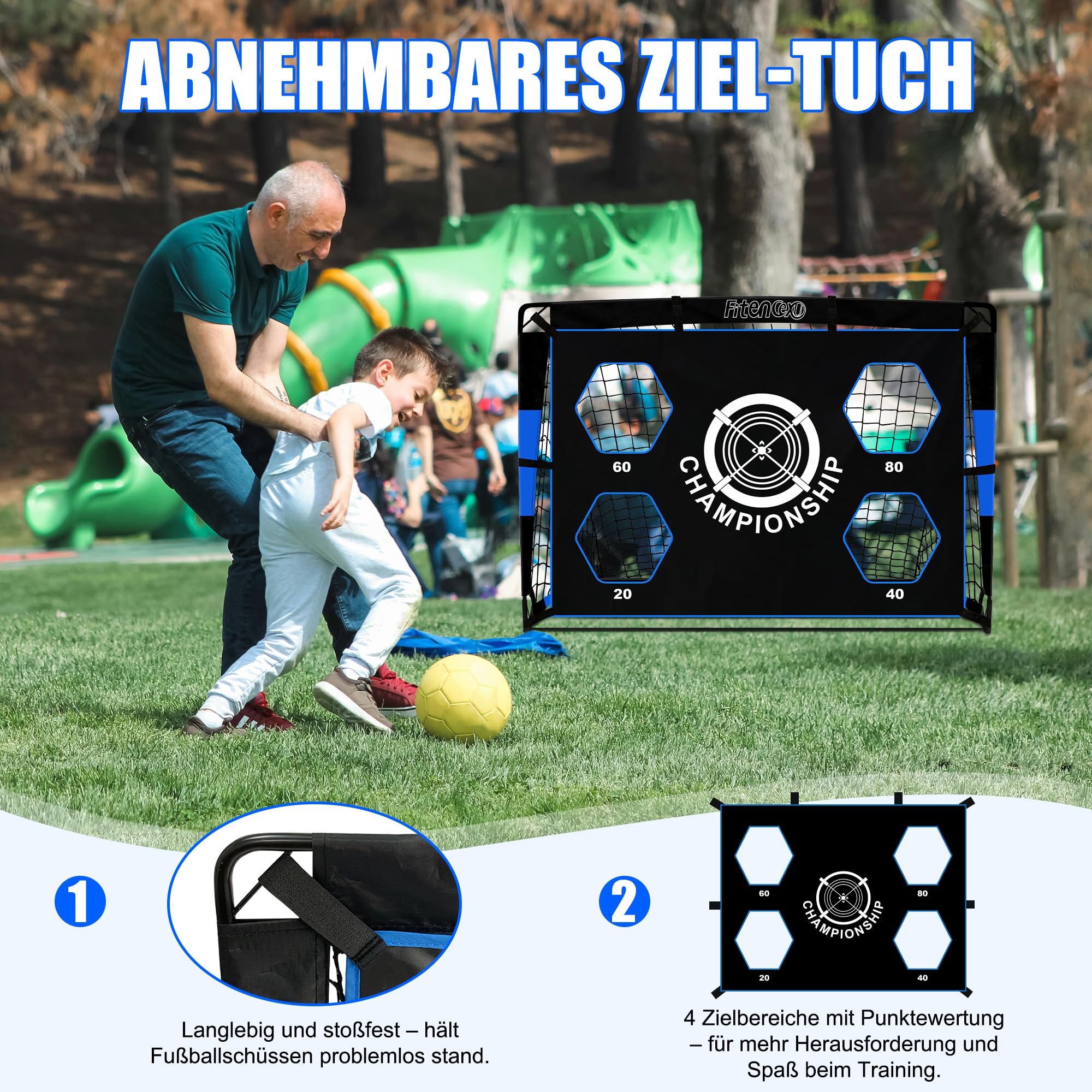 Porta da calcio, porta da calcio per bambini, per esterni, con parete 3 in 1, porta pop-up con 4 fori e borsa per il trasporto, chiodi da pavimento, 3 bersagli e 6 ostacoli (blu)