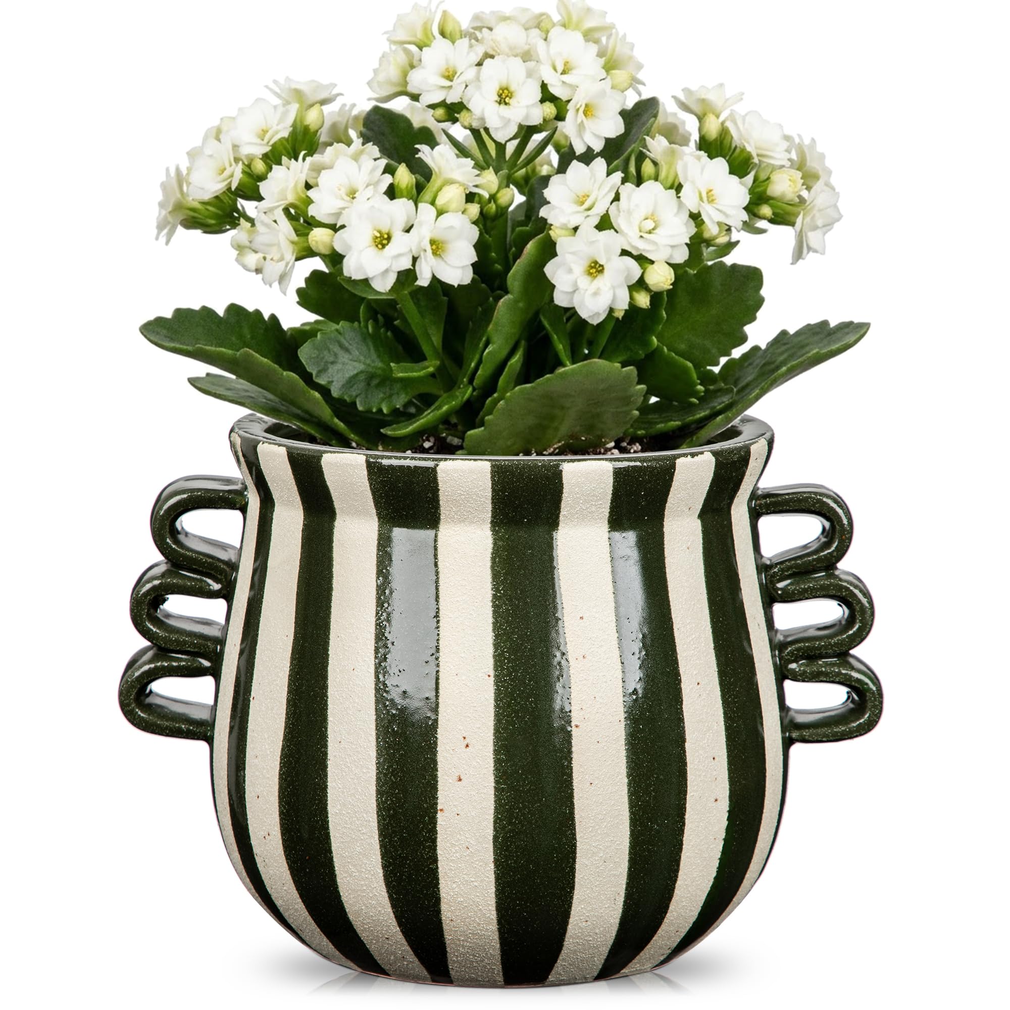 15CM Ceramic Plant Pot Modern Striped Triple Handle Flower Pot No Drainage