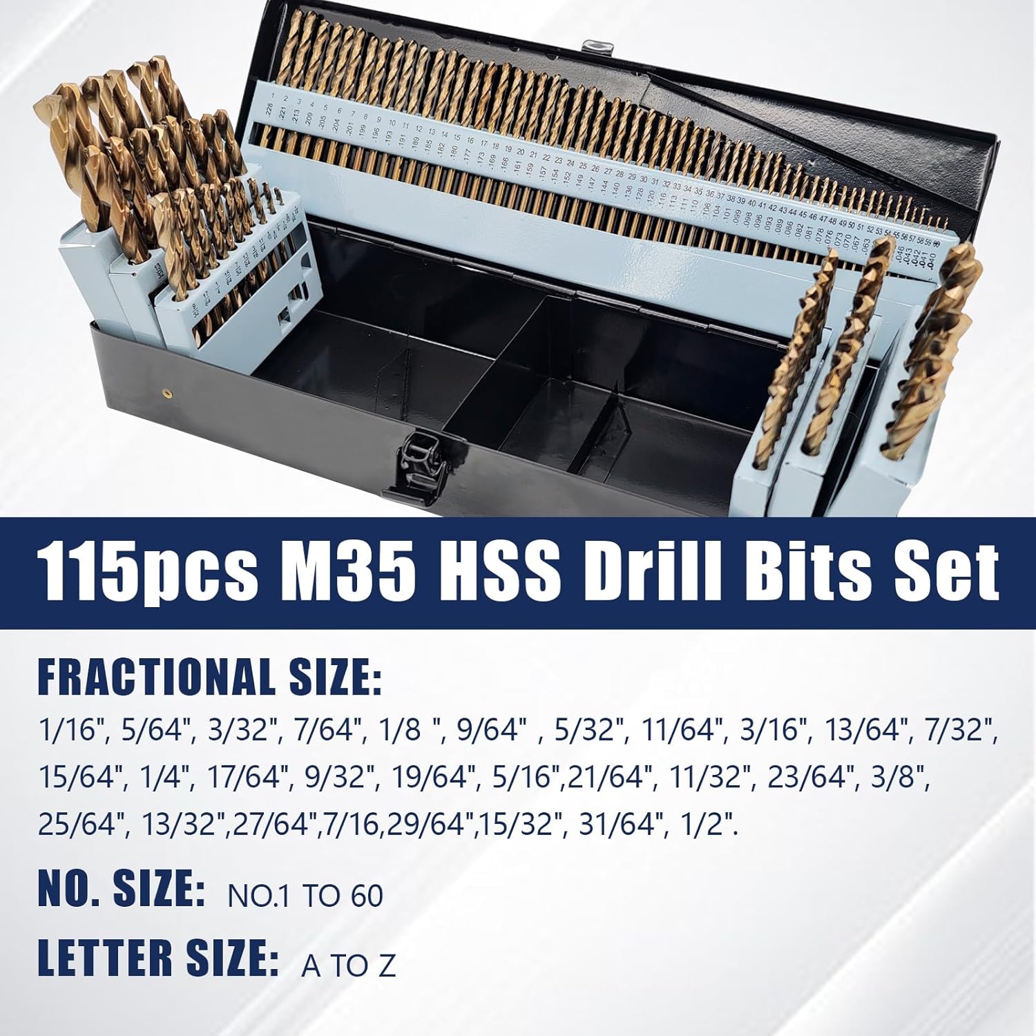 Pro Edge 115pcs Jobber Drill Bits Set, M35 High Speed Steel 135 Degree Tip Cobalt Drill Bits Set for Stainless Steel Cast Iron, Wood, Plastic with Index Storage Box (1/16"-1/2" & 1#-60# & A-Z)